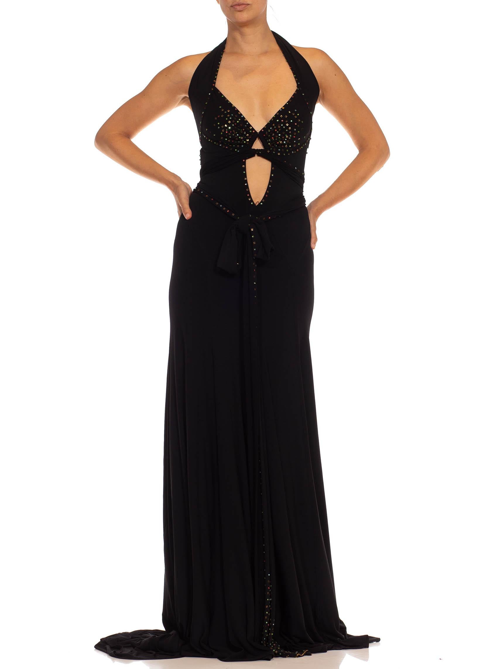 1990S Black Jersey Sexy Slinky Rhinestone Halter Neck Gown With Arm Sleeve Piece In Excellent Condition For Sale In New York, NY