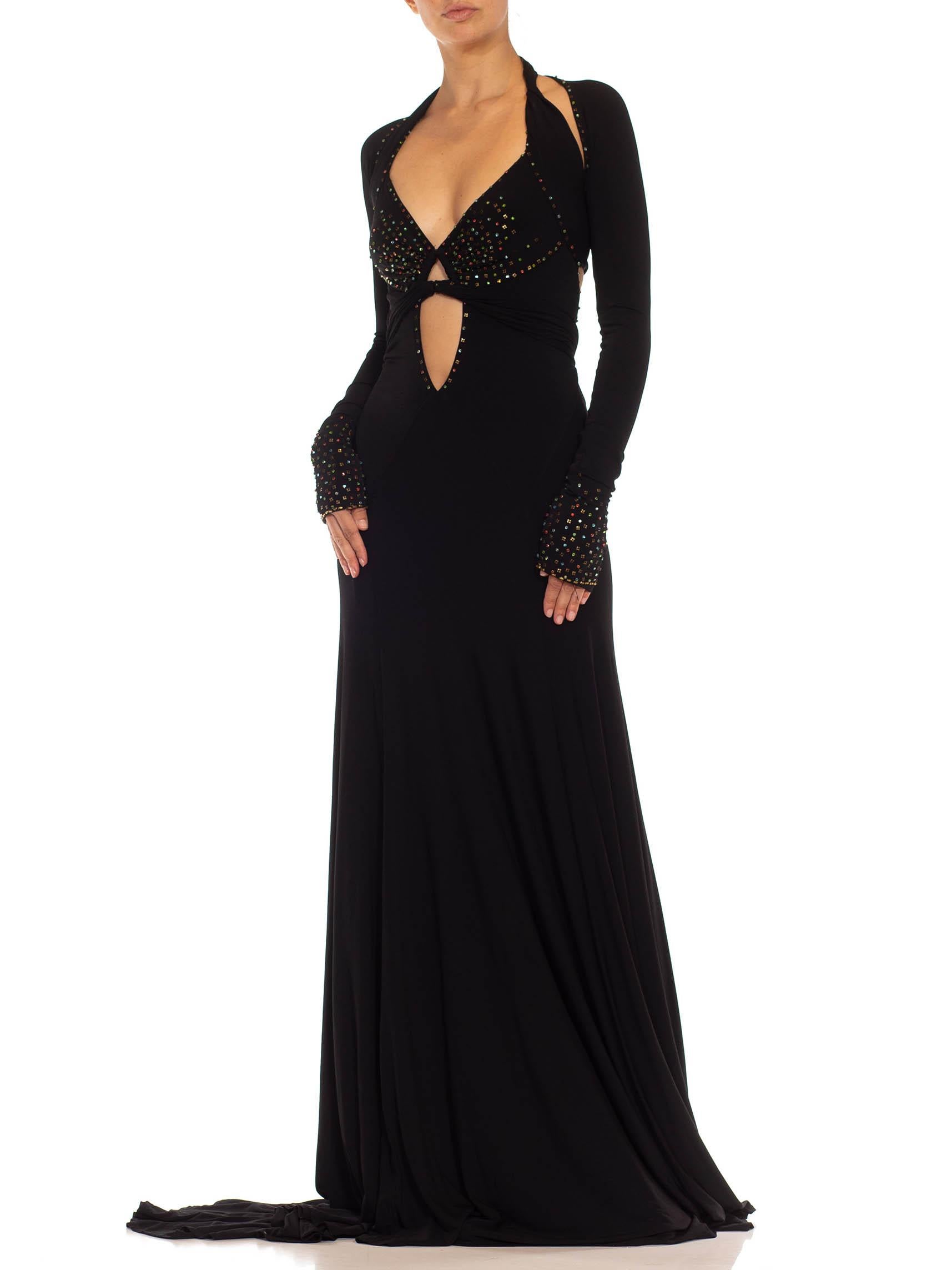 Women's 1990S Black Jersey Sexy Slinky Rhinestone Halter Neck Gown With Arm Sleeve Piece For Sale