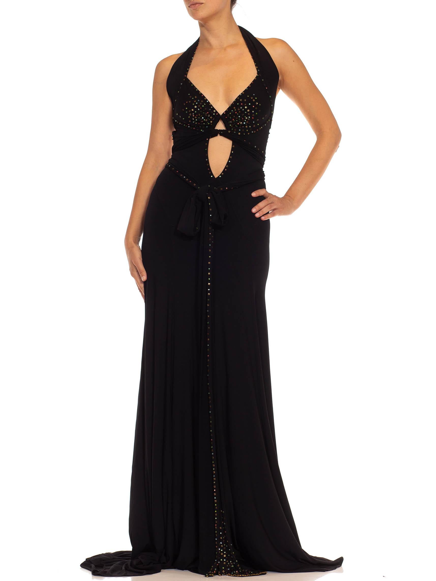 1990S Black Jersey Sexy Slinky Rhinestone Halter Neck Gown With Arm Sleeve Piece For Sale 1