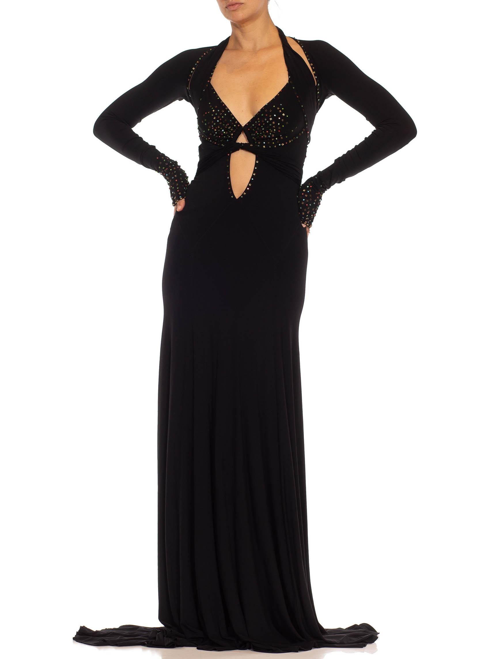 1990S Black Jersey Sexy Slinky Rhinestone Halter Neck Gown With Arm Sleeve Piece For Sale 2