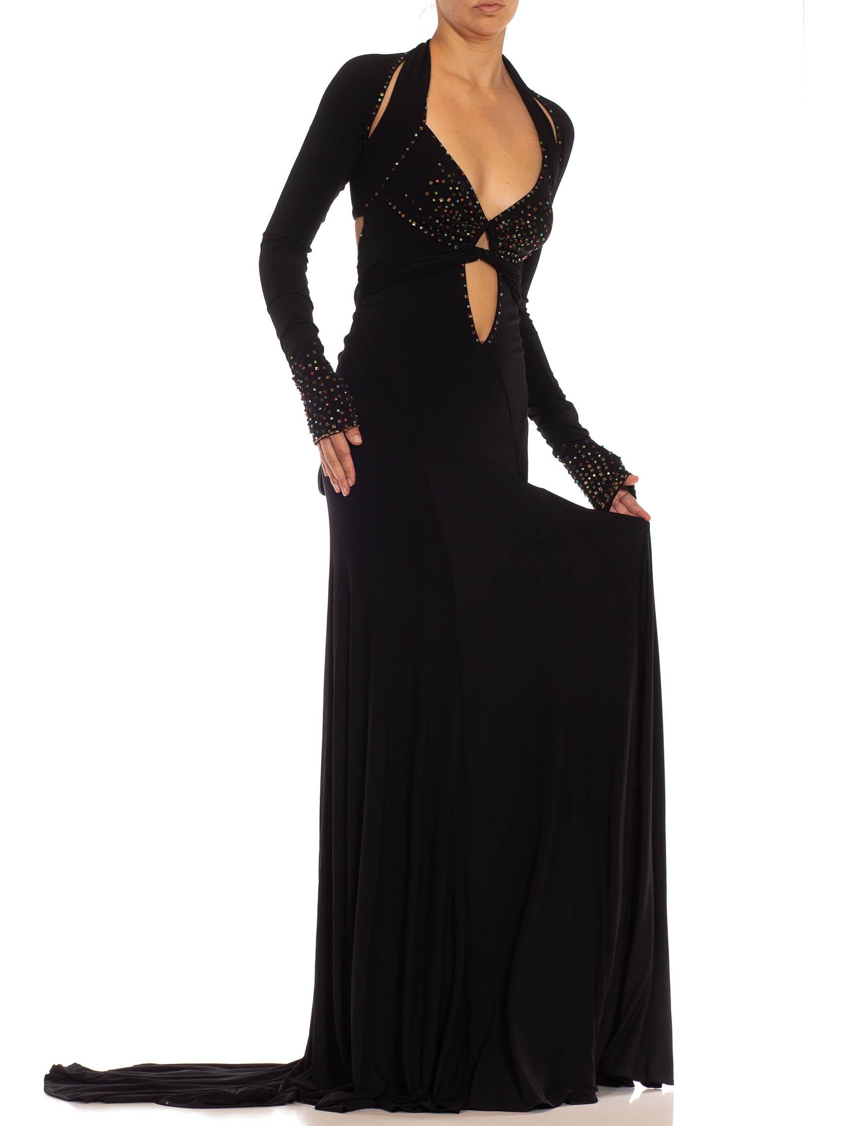 1990S Black Jersey Sexy Slinky Rhinestone Halter Neck Gown With Arm Sleeve Piece For Sale 3