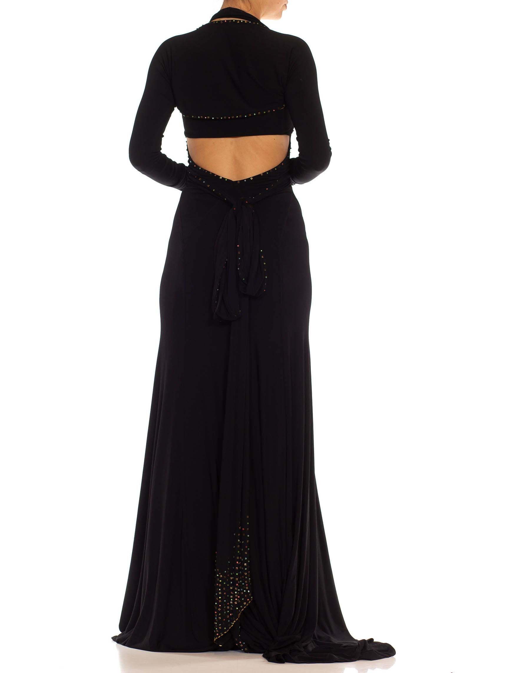 1990S Black Jersey Sexy Slinky Rhinestone Halter Neck Gown With Arm Sleeve Piece For Sale 4