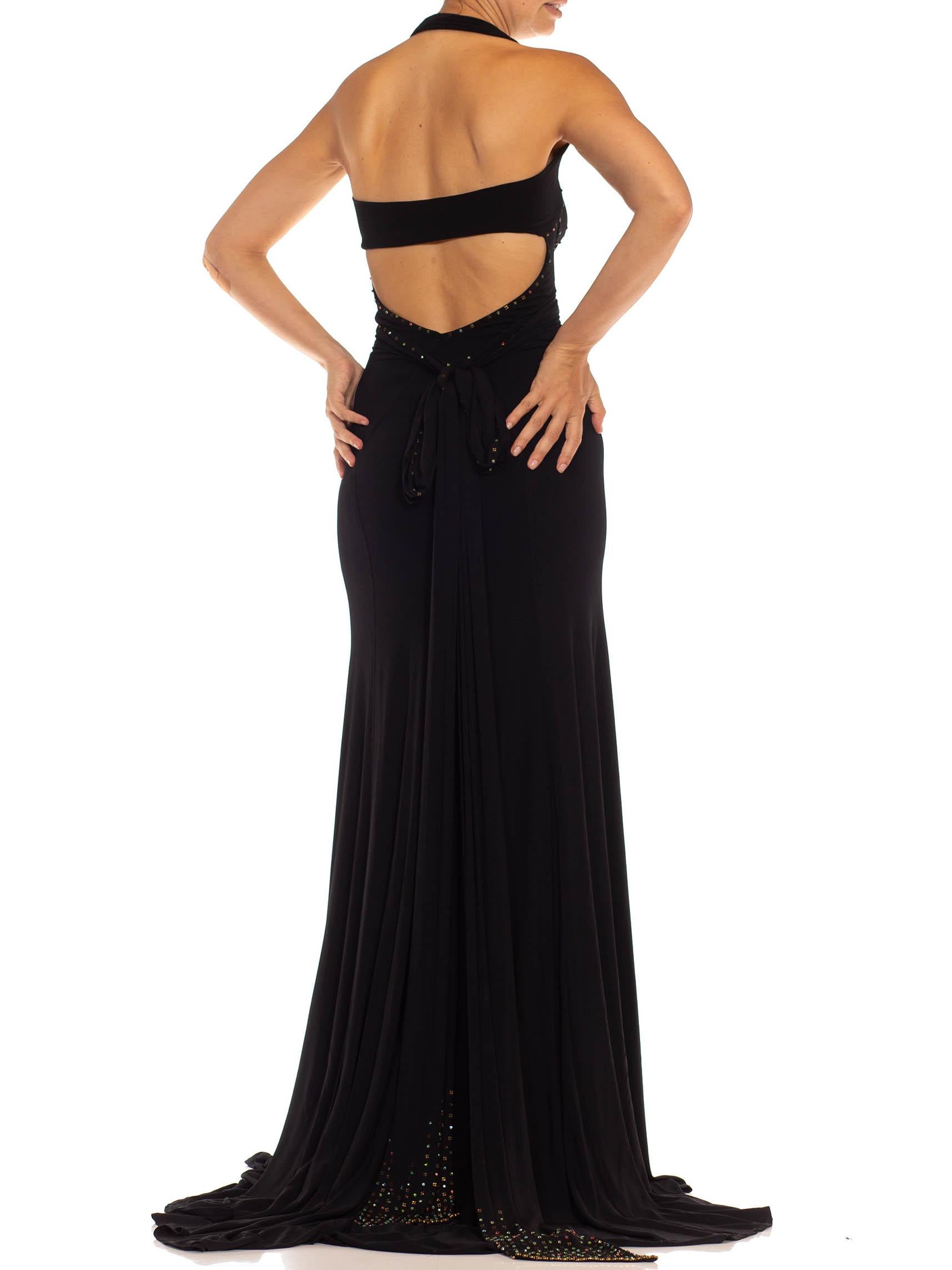 1990S Black Jersey Sexy Slinky Rhinestone Halter Neck Gown With Arm Sleeve Piece For Sale 5