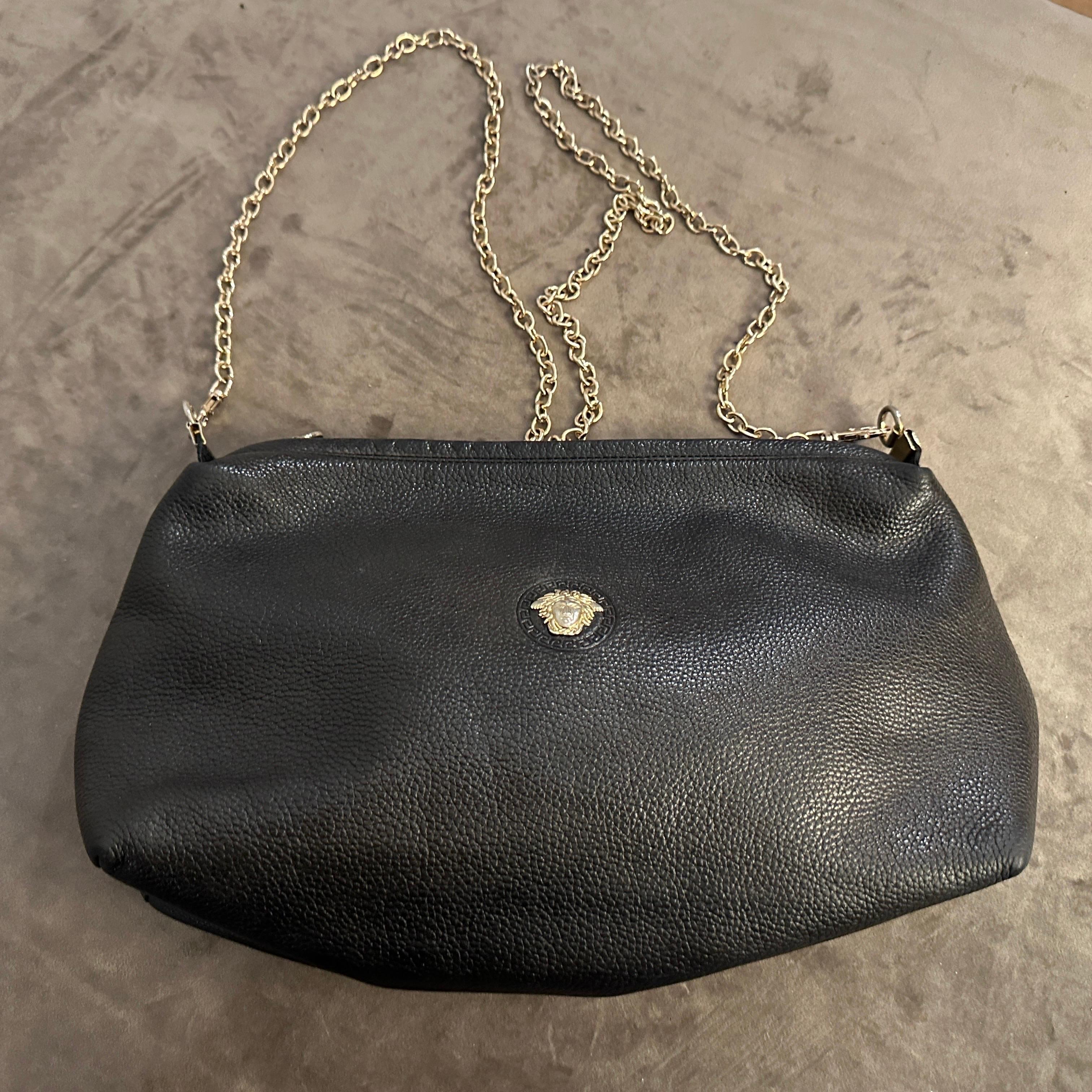 Women's 1990s Black Leather Medusa Bag by Gianni Versace For Sale