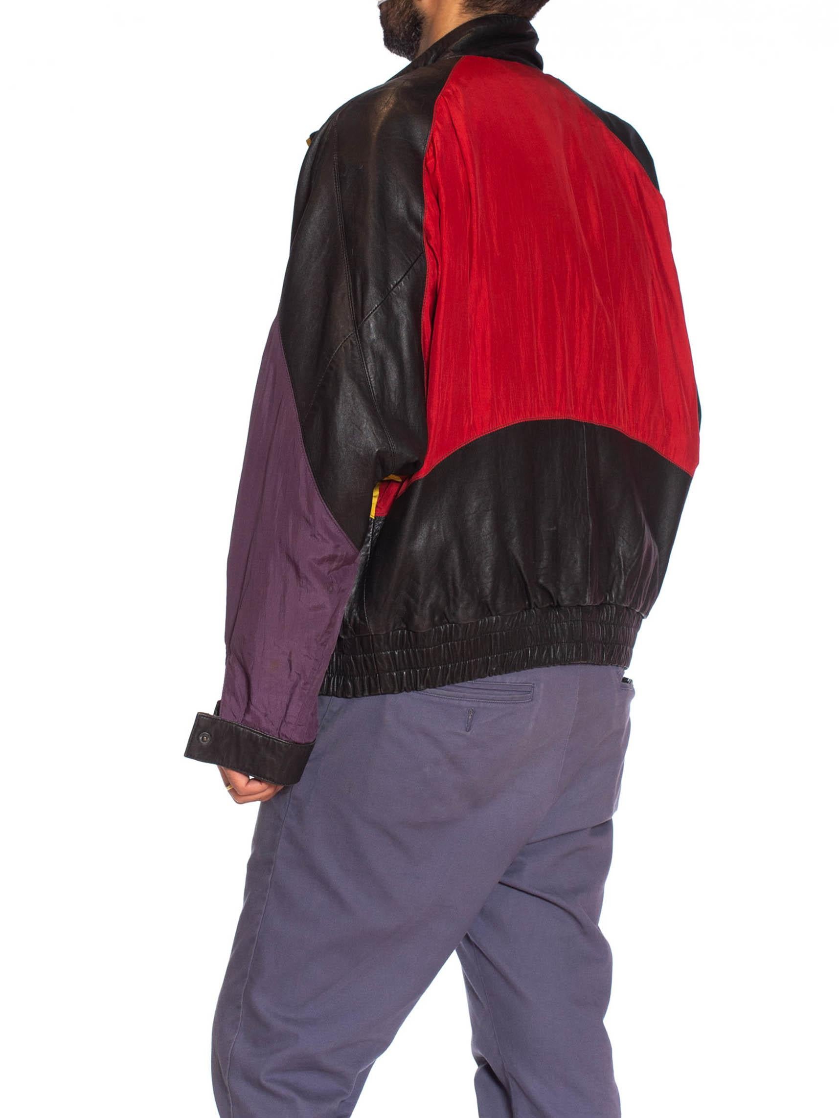1990S Black Leather Men's Bomber Jacket With Yellow, Purple & Red Silk Color Blo 4