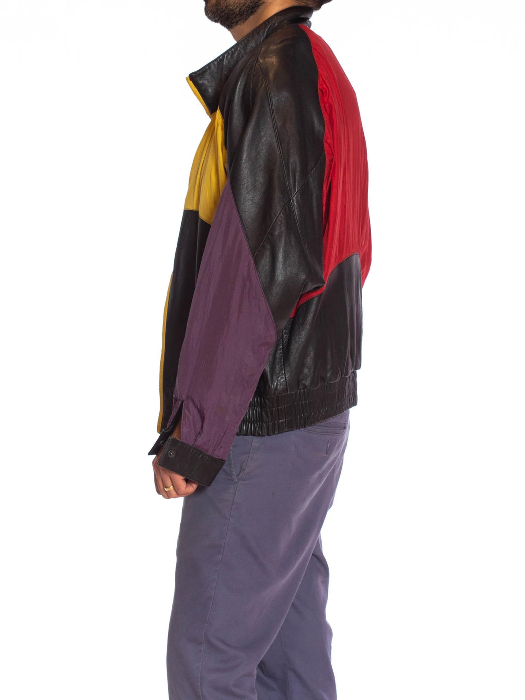 1990S Black Leather Men's Bomber Jacket With Yellow, Purple & Red Silk Color Blocking