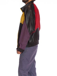 1990S Black Leather Men's Bomber Jacket With Yellow, Purple & Red Silk Color Blo