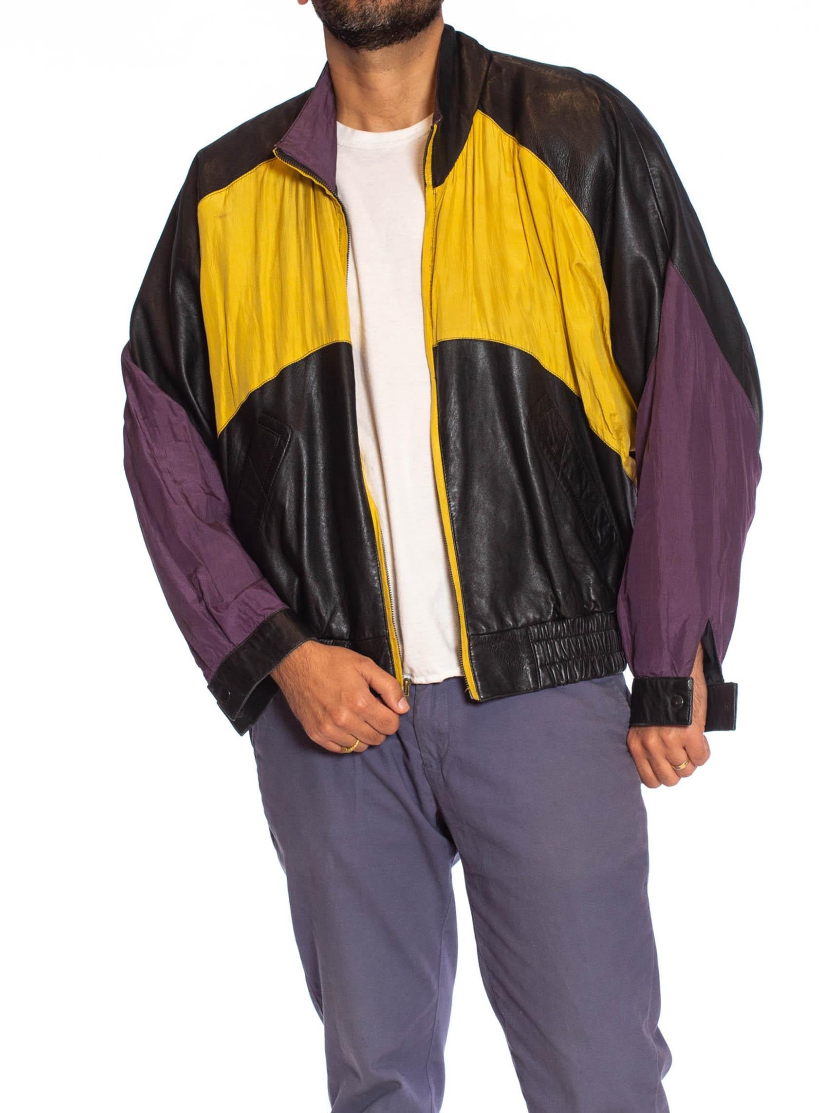 1990S Black Leather Men's Bomber Jacket With Yellow, Purple and 
