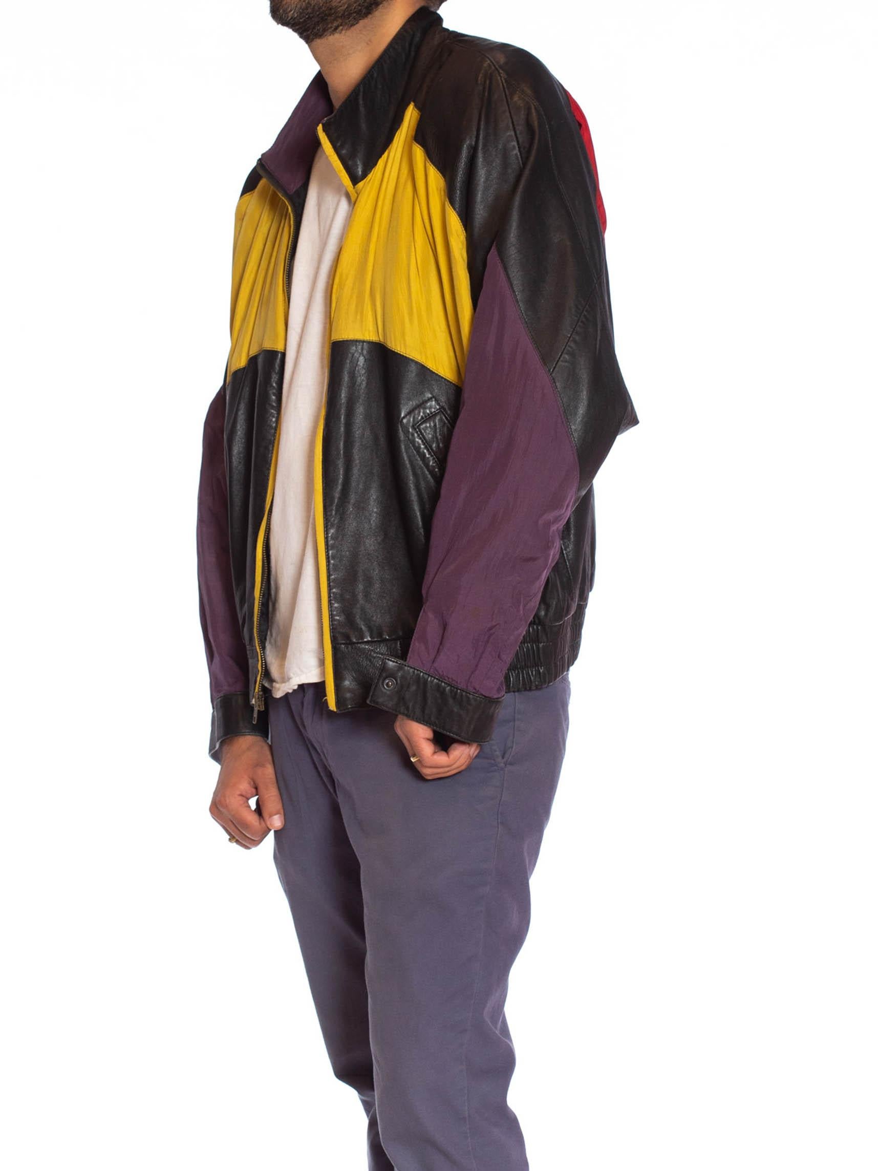 1990S Black Leather Men's Bomber Jacket With Yellow, Purple & Red Silk Color Blo In Excellent Condition In New York, NY