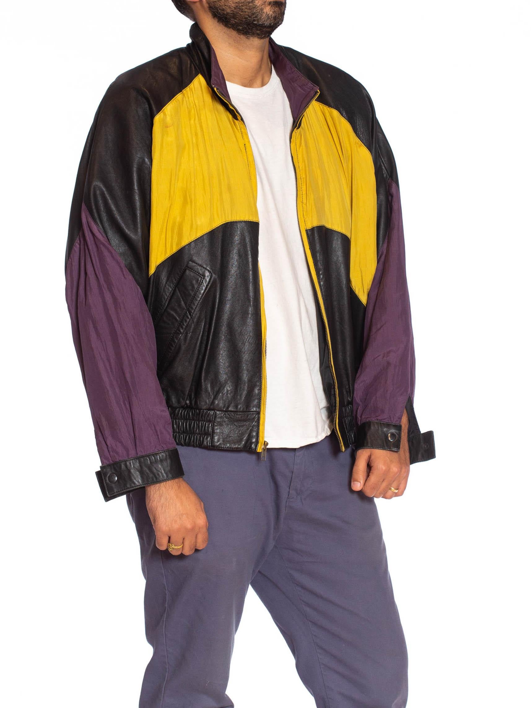 1990S Black Leather Men's Bomber Jacket With Yellow, Purple & Red Silk Color Blo 1