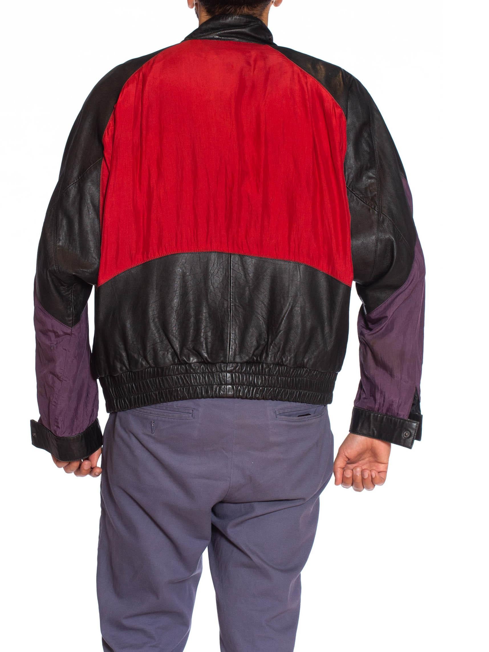 1990S Black Leather Men's Bomber Jacket With Yellow, Purple & Red Silk Color Blo 3