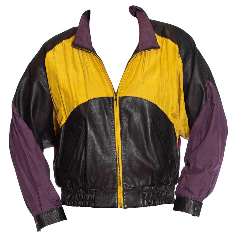 1990S Black Leather Men's Bomber Jacket With Yellow, Purple and Red Silk Color Blo at 1stDibs