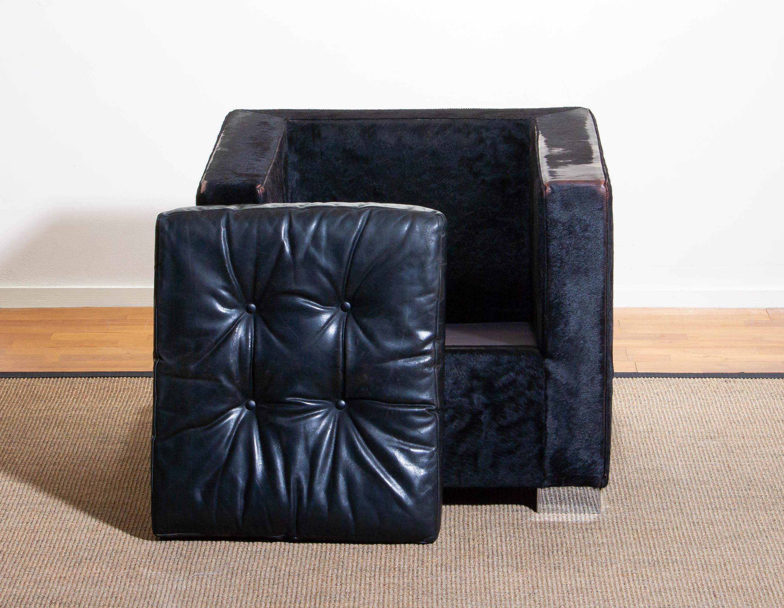 Fur 1990s, Black Lounge Chair in Pony and Leather by Rodolfo Dordoni for Minotti