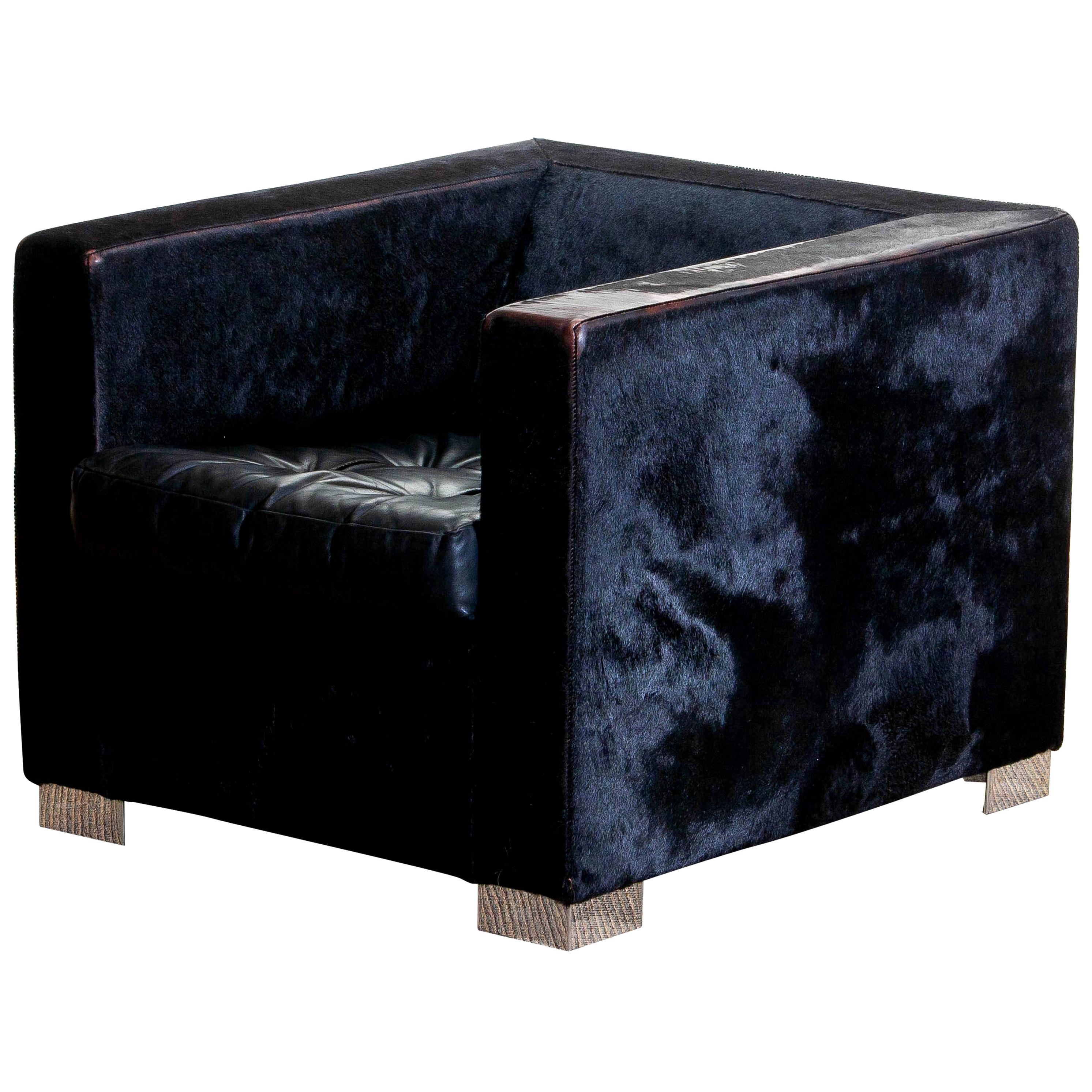 1990s, Black Lounge Chair in Pony Coat Leather by Rodolfo Dordoni for Minotti