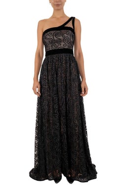 1990S Black Metallic Embroidered Nylon Lace One Shoulder Ball Gown