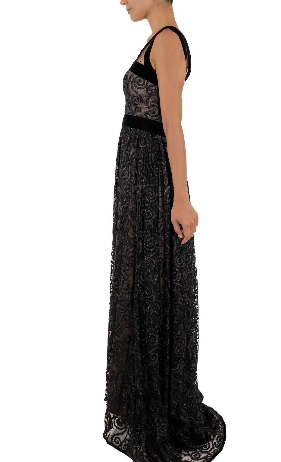 1990S Robe de bal asymétrique en dentelle de nylon brodée noir métallisé Bon état - En vente à New York, NY