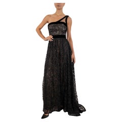 1990S Robe de bal asymétrique en dentelle de nylon brodée noir métallisé