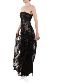 1990S Black Metallic Embroidered Tulle Over Champagne Silk Strapless Gown