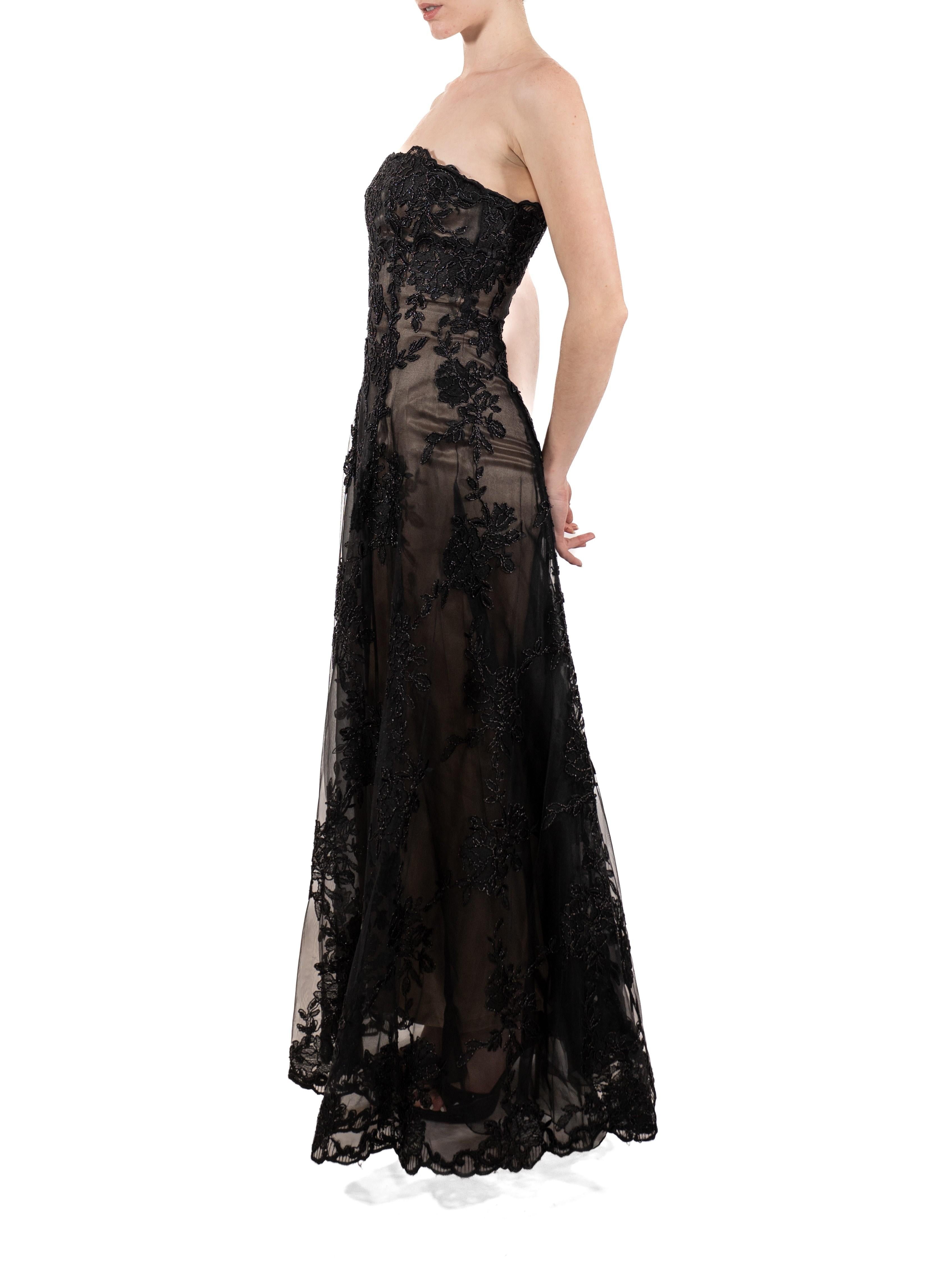 1990S Black Metallic Embroidered Tulle Over Champagne Silk Strapless Gown In Good Condition For Sale In New York, NY