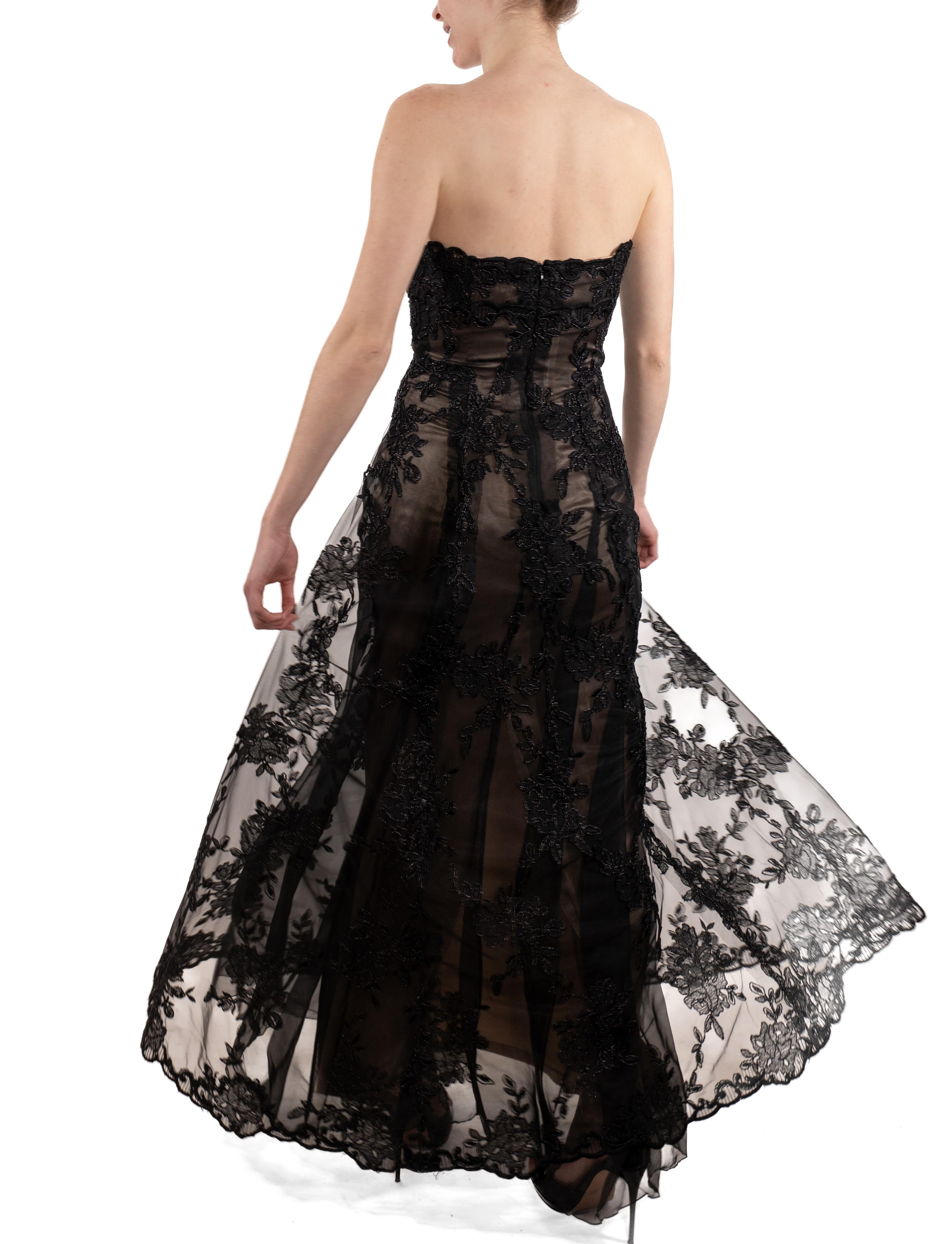 Women's 1990S Black Metallic Embroidered Tulle Over Champagne Silk Strapless Gown For Sale
