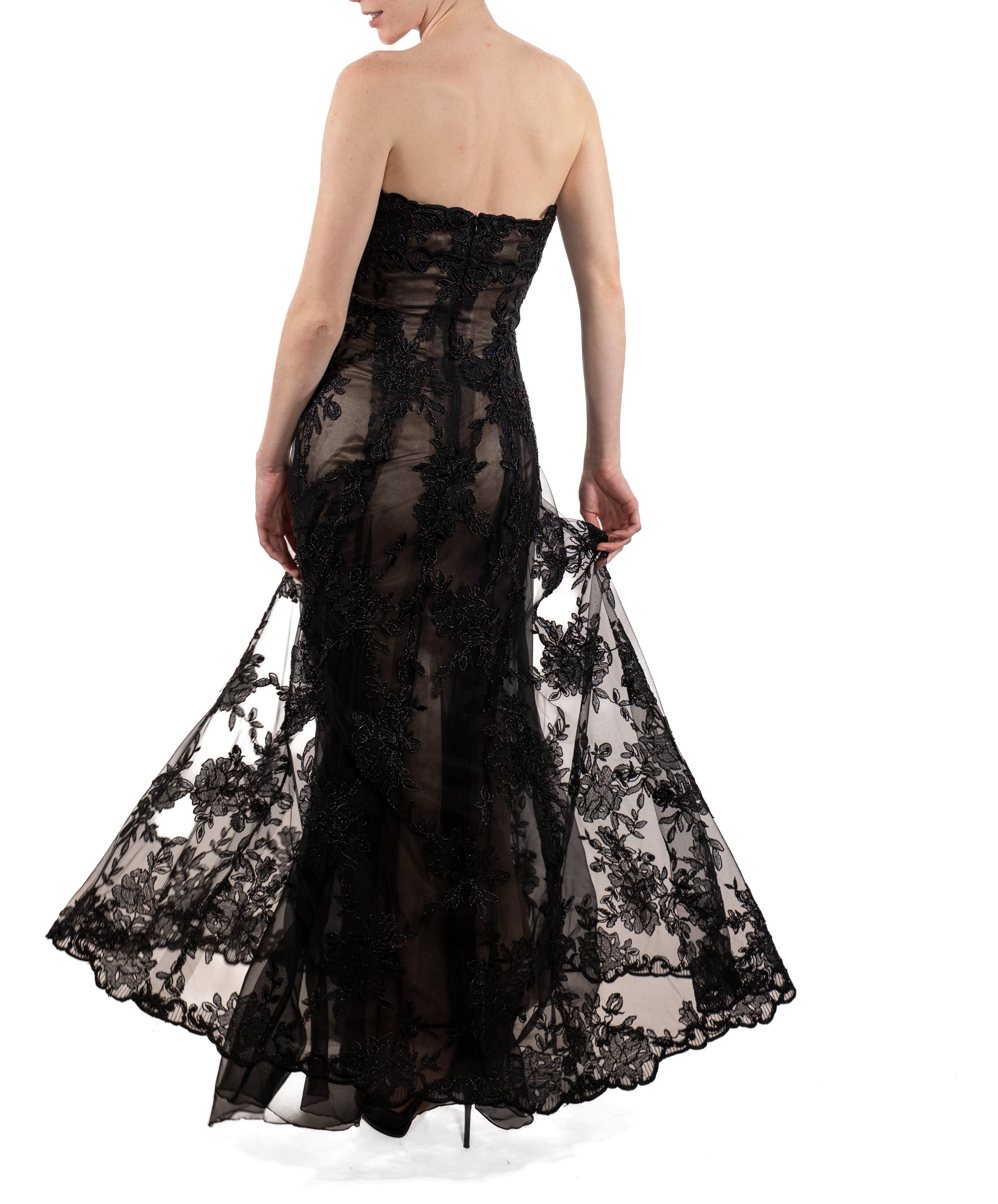 1990S Black Metallic Embroidered Tulle Over Champagne Silk Strapless Gown For Sale 1