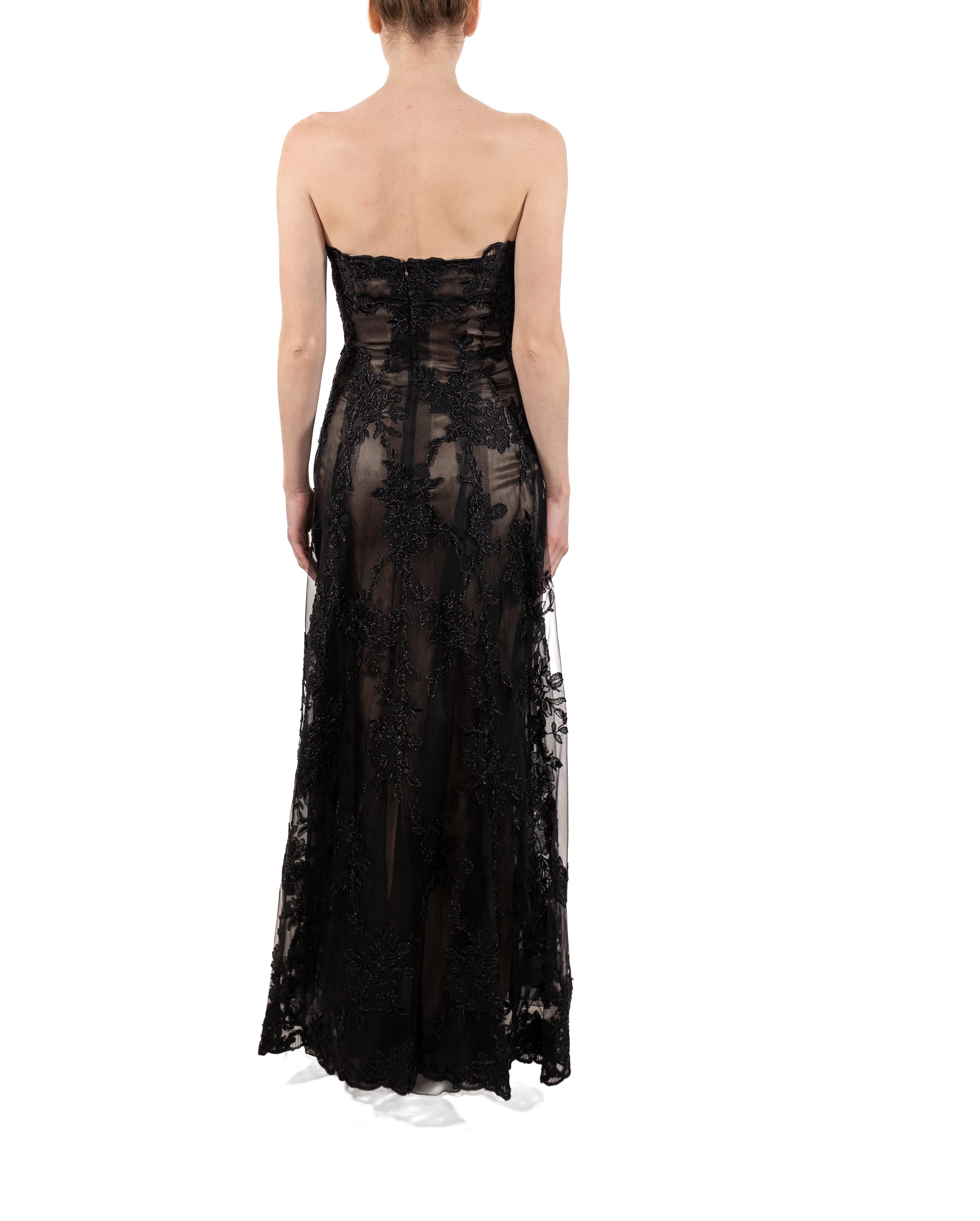 1990S Black Metallic Embroidered Tulle Over Champagne Silk Strapless Gown For Sale 2