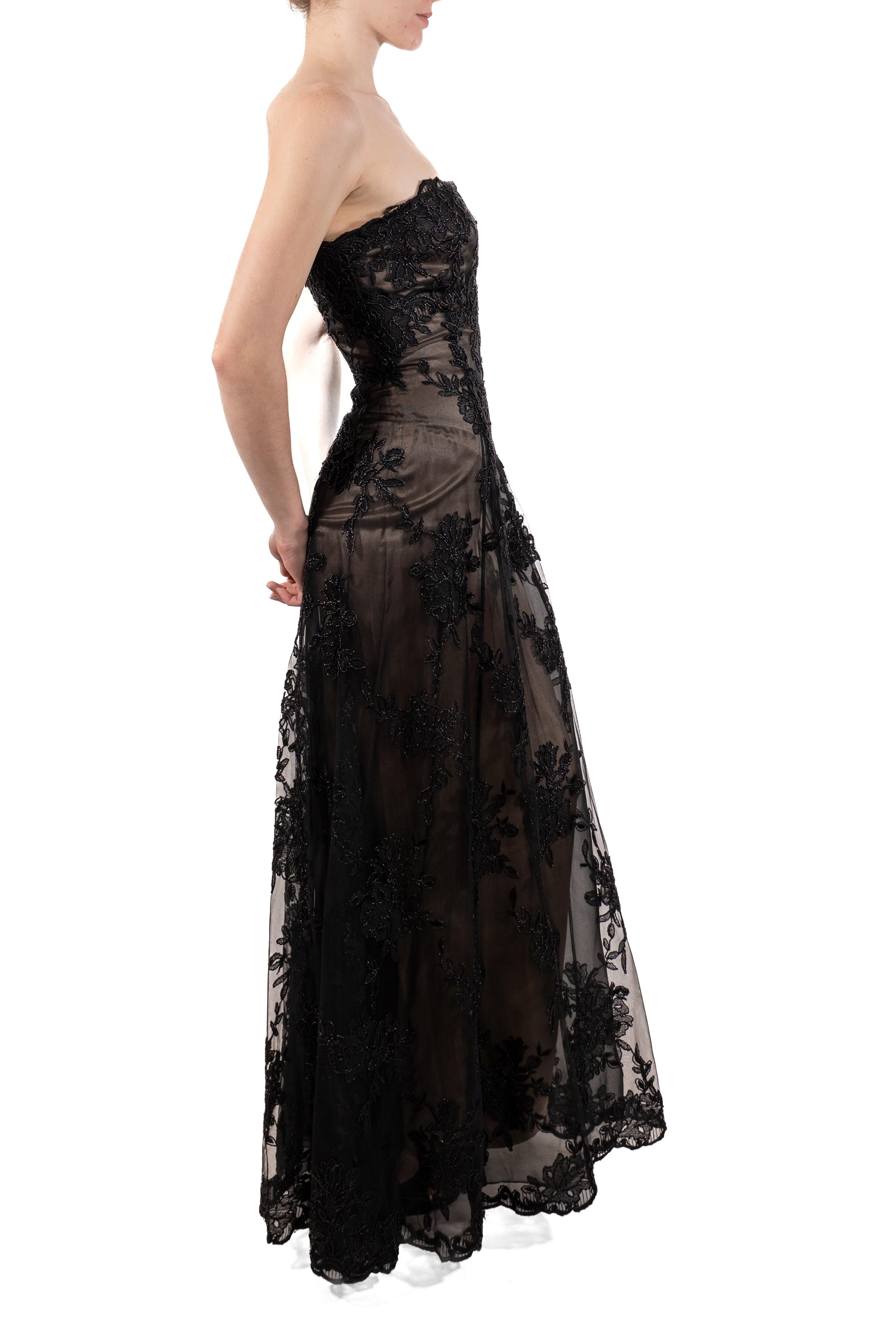 1990S Black Metallic Embroidered Tulle Over Champagne Silk Strapless Gown For Sale 3