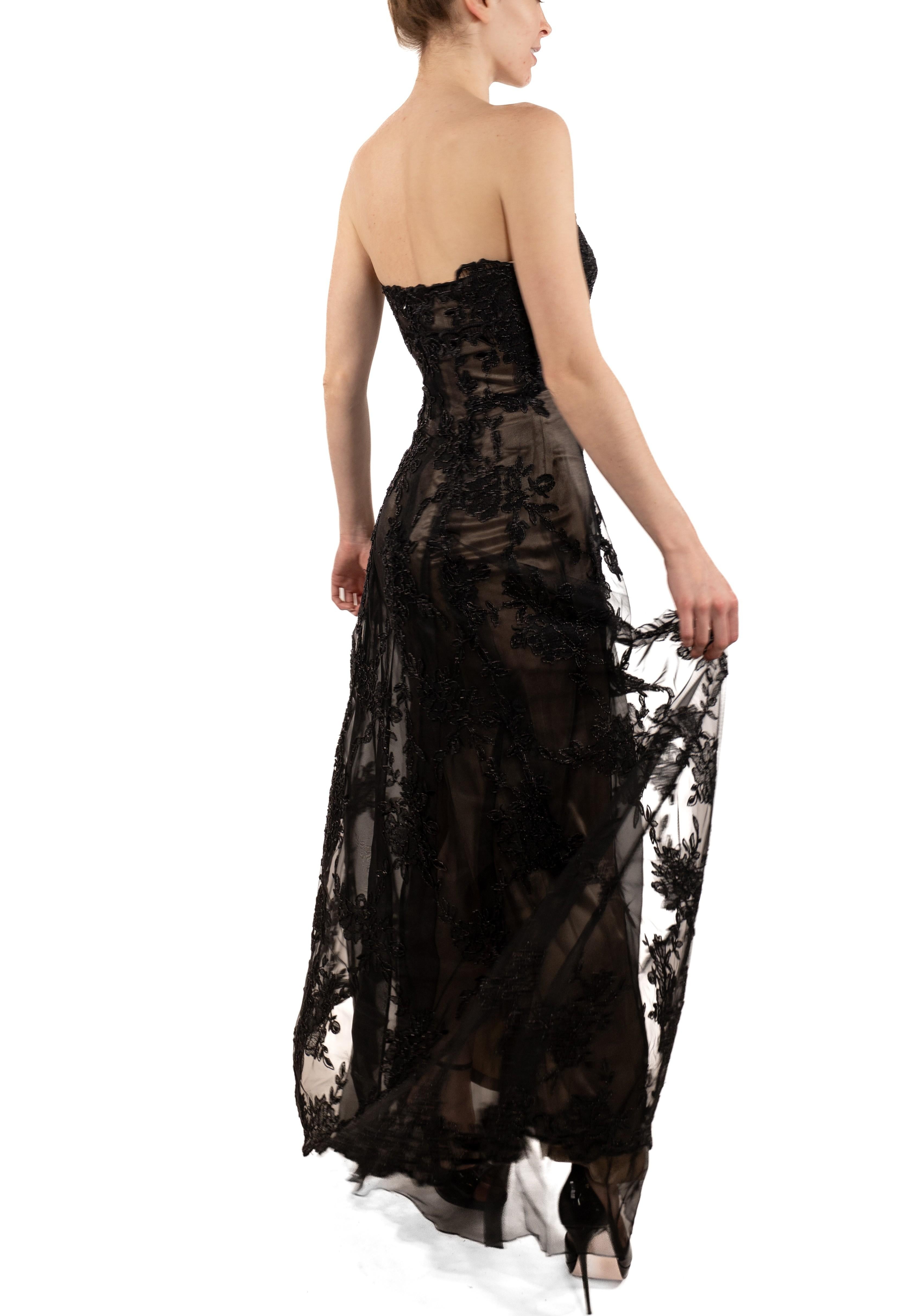 1990S Black Metallic Embroidered Tulle Over Champagne Silk Strapless Gown For Sale 4