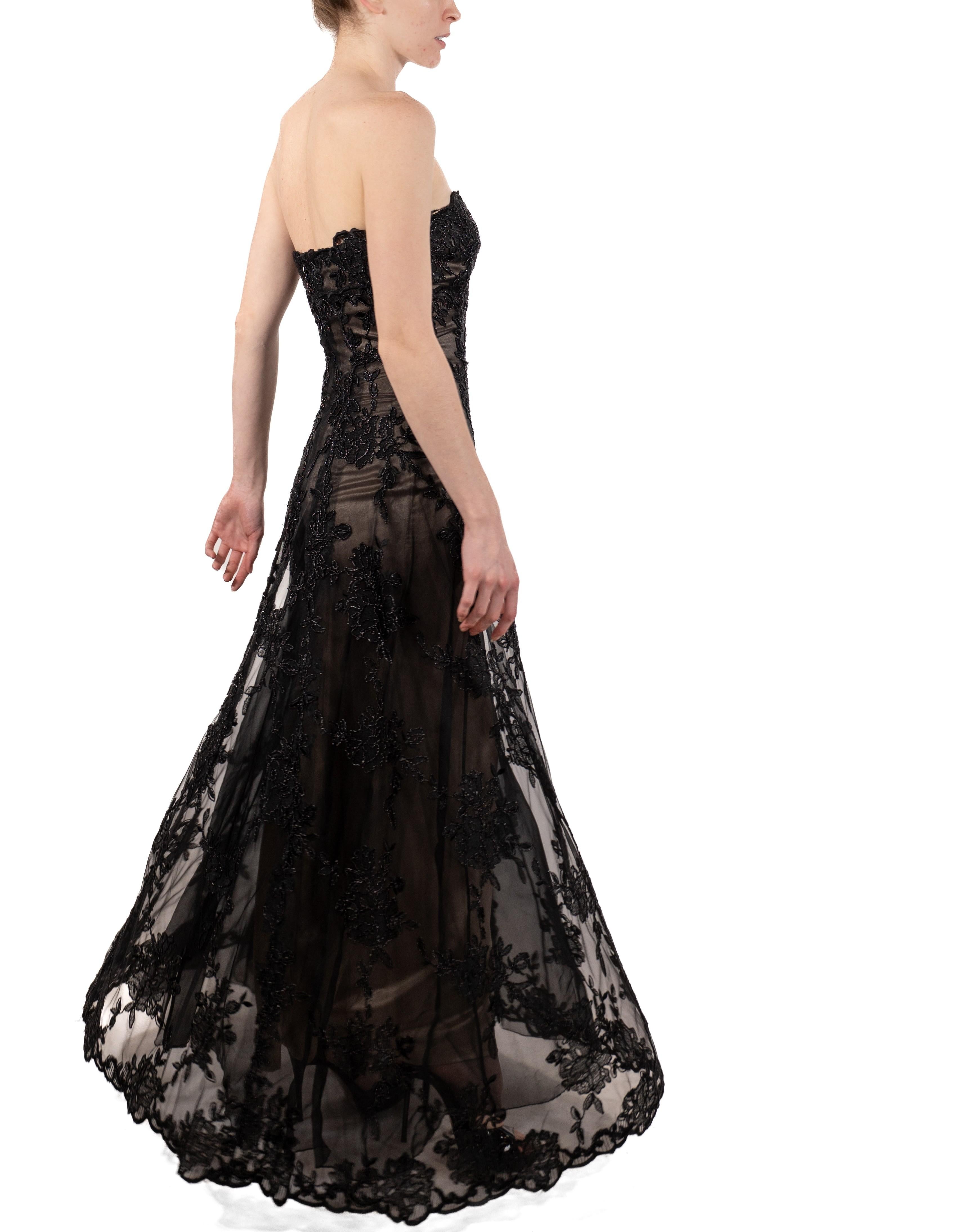 1990S Black Metallic Embroidered Tulle Over Champagne Silk Strapless Gown For Sale 5