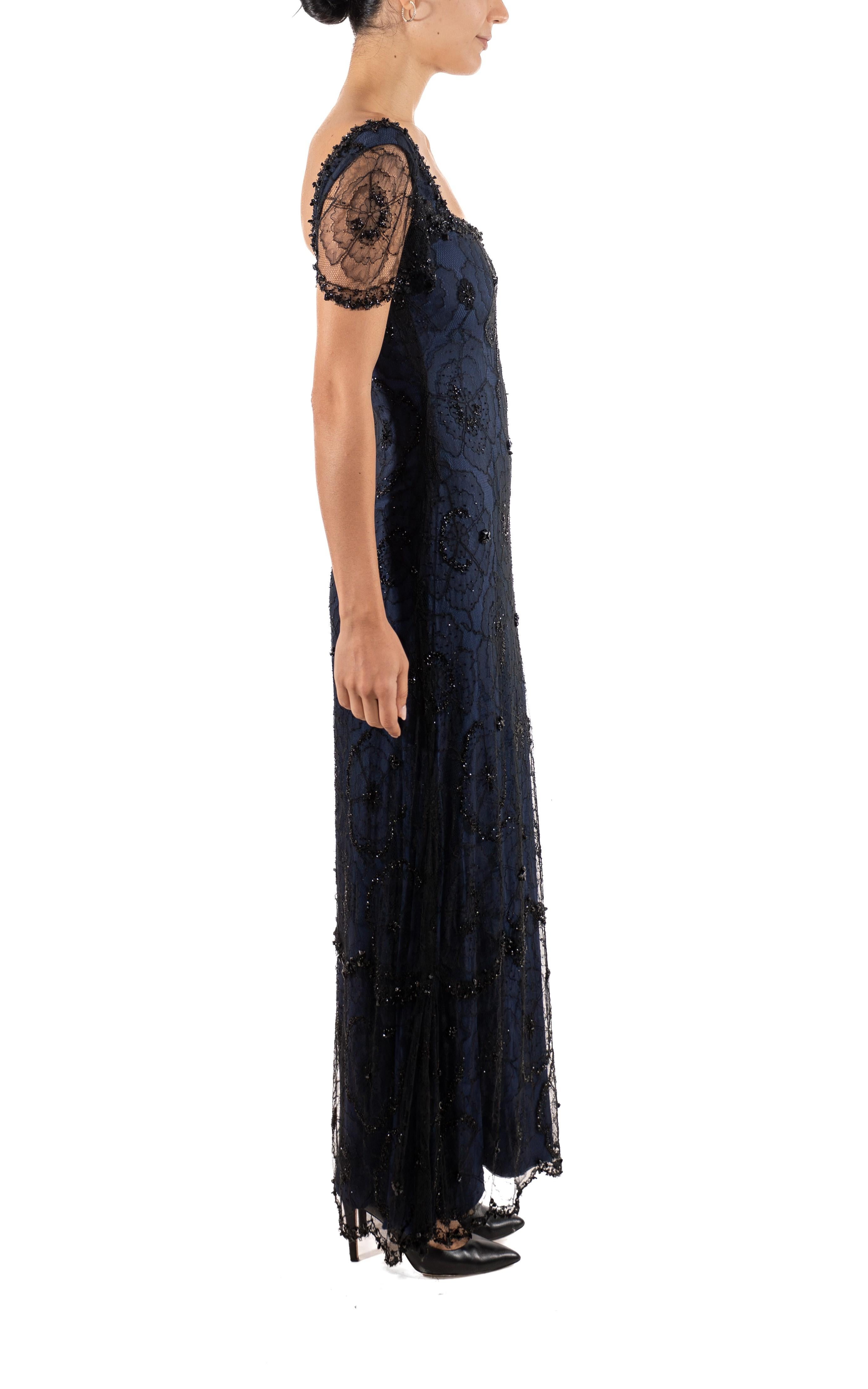 1990S Black & Navy Rayon Silk Beaded Lace Titanic Inspired Gown In Good Condition For Sale In New York, NY