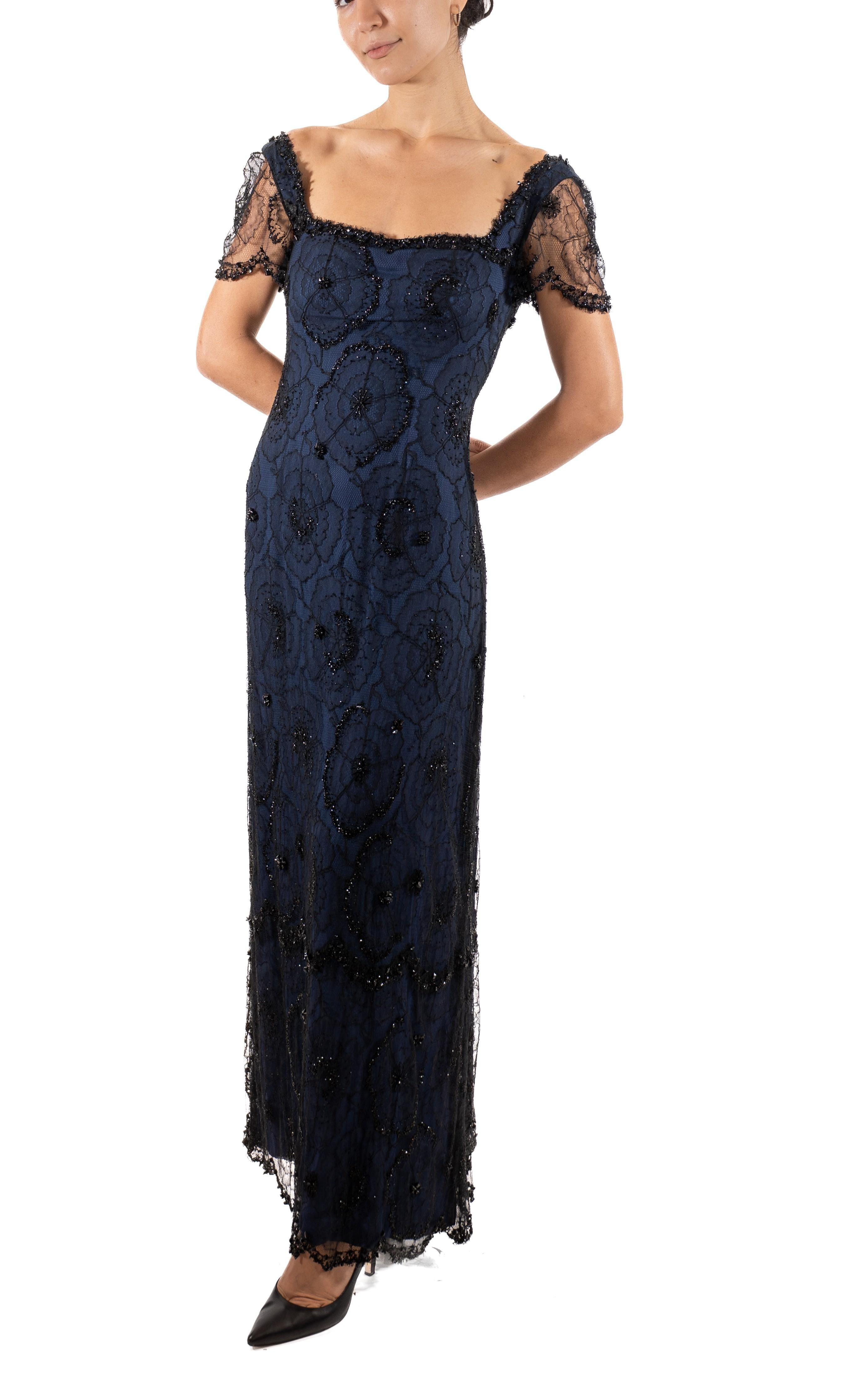 Women's 1990S Black & Navy Rayon Silk Beaded Lace Titanic Inspired Gown For Sale