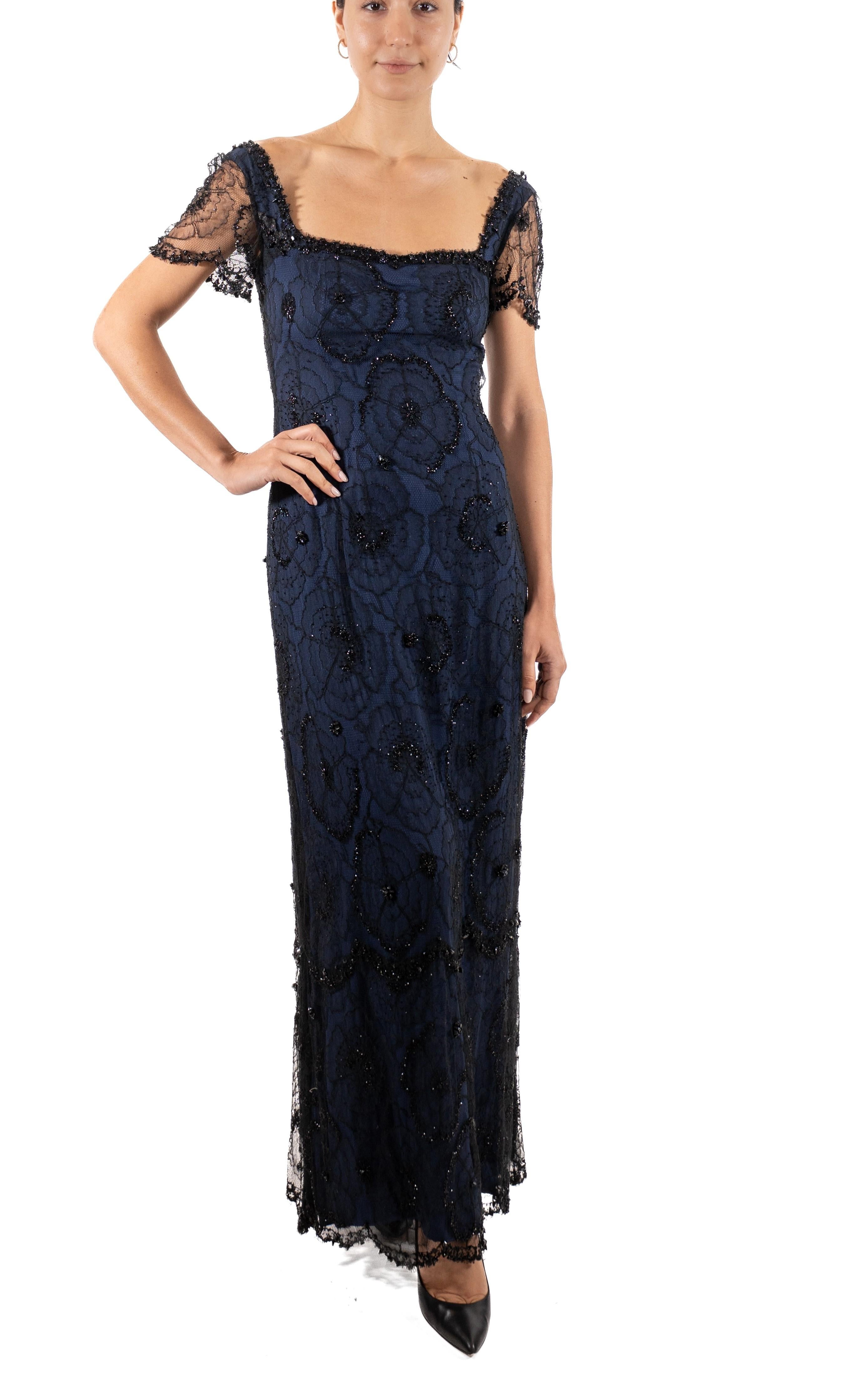 1990S Black & Navy Rayon Silk Beaded Lace Titanic Inspired Gown For Sale 1