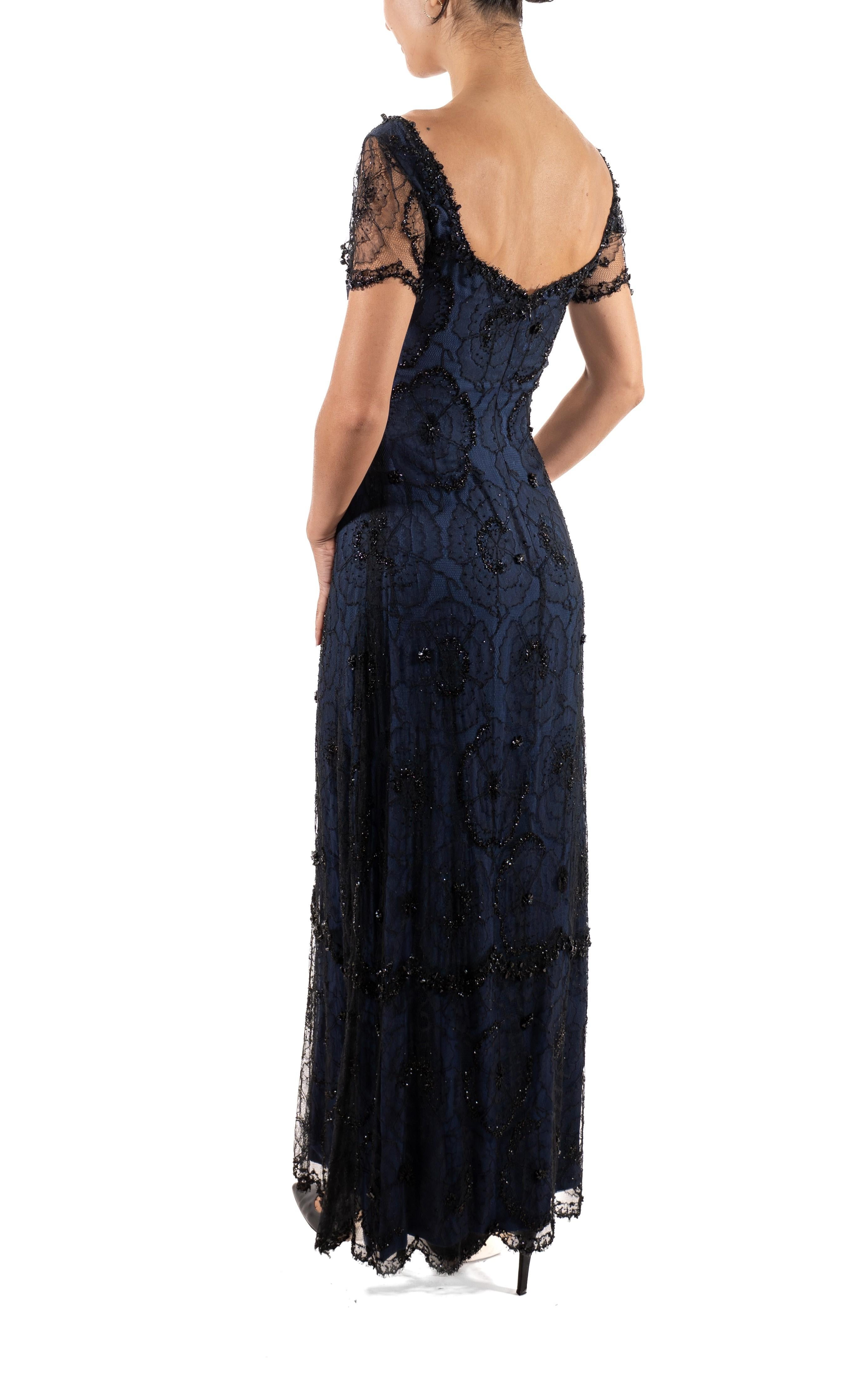 1990S Black & Navy Rayon Silk Beaded Lace Titanic Inspired Gown For Sale 2