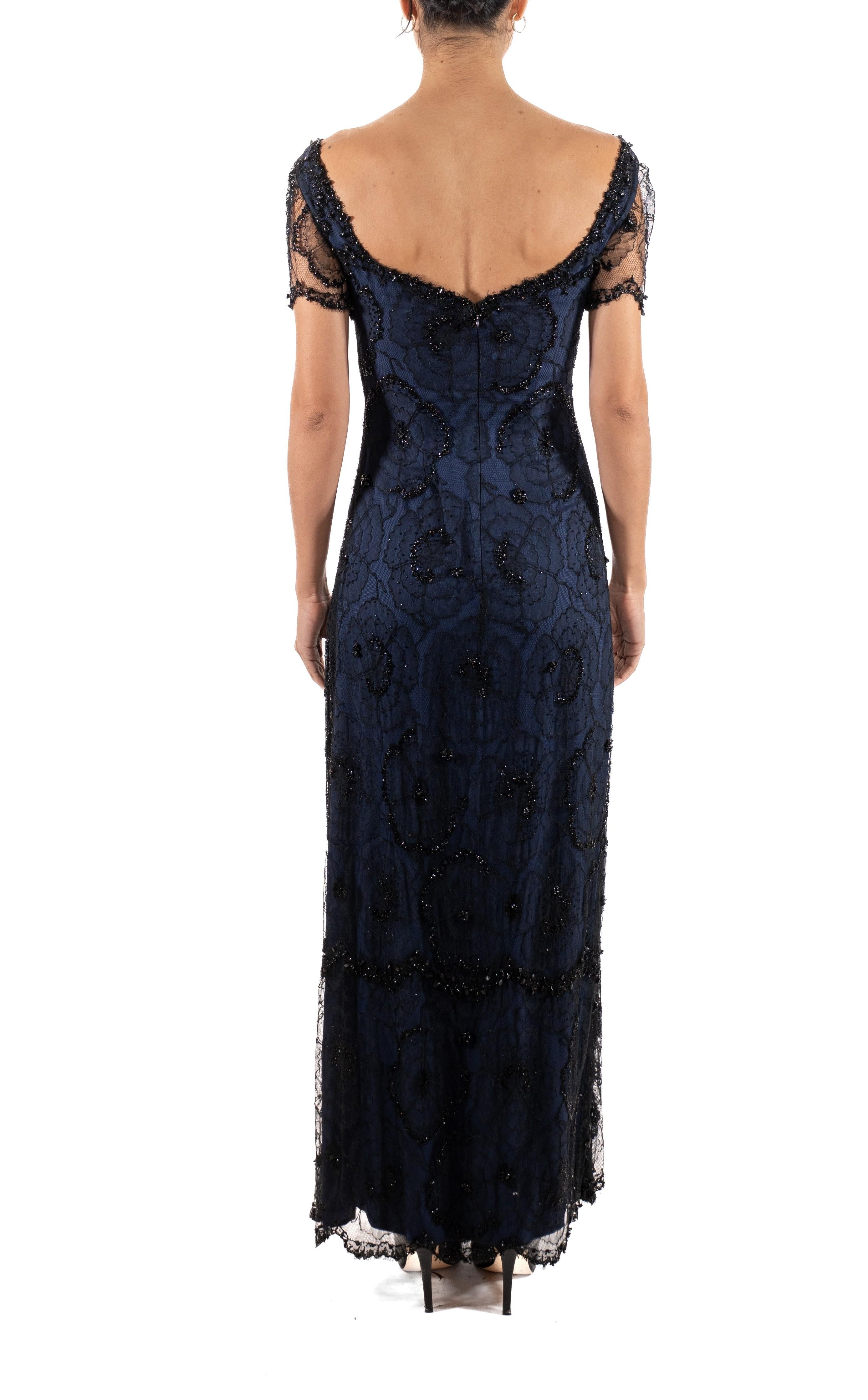 1990S Black & Navy Rayon Silk Beaded Lace Titanic Inspired Gown For Sale 3