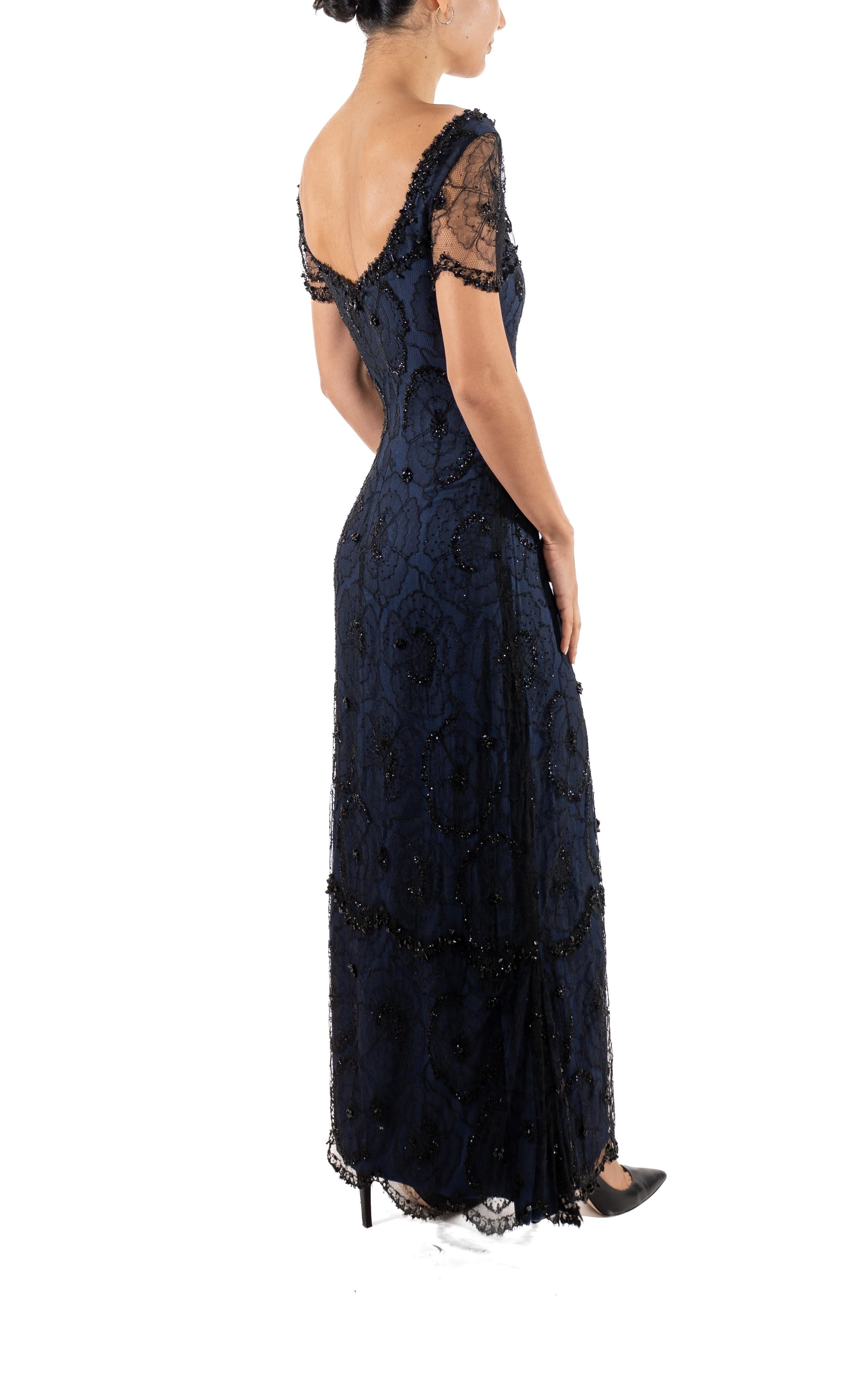 1990S Black & Navy Rayon Silk Beaded Lace Titanic Inspired Gown For Sale 4