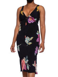 1990S Black & Pink Bias Cut Rayon Backless Dress