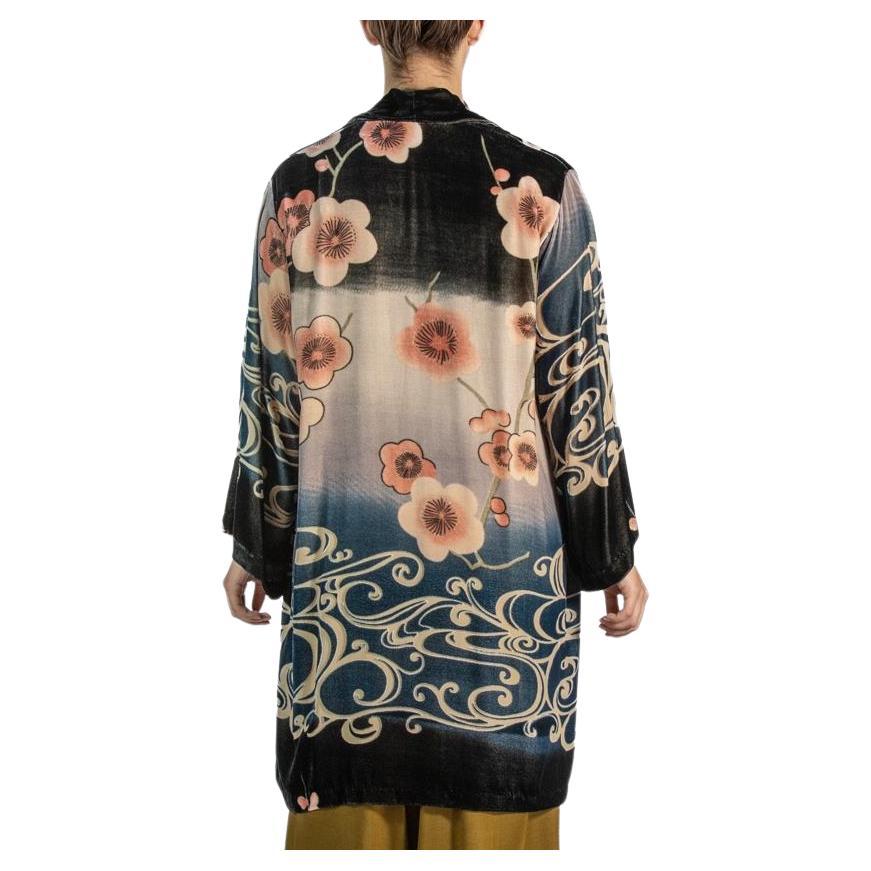 1990S Black & Pink Chinese Rayon Silk Burnout Velvet Robe For Sale