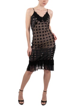 1990S Black Polka Dot Rayon Blend Burnout Chiffon Slip Dress With Lace