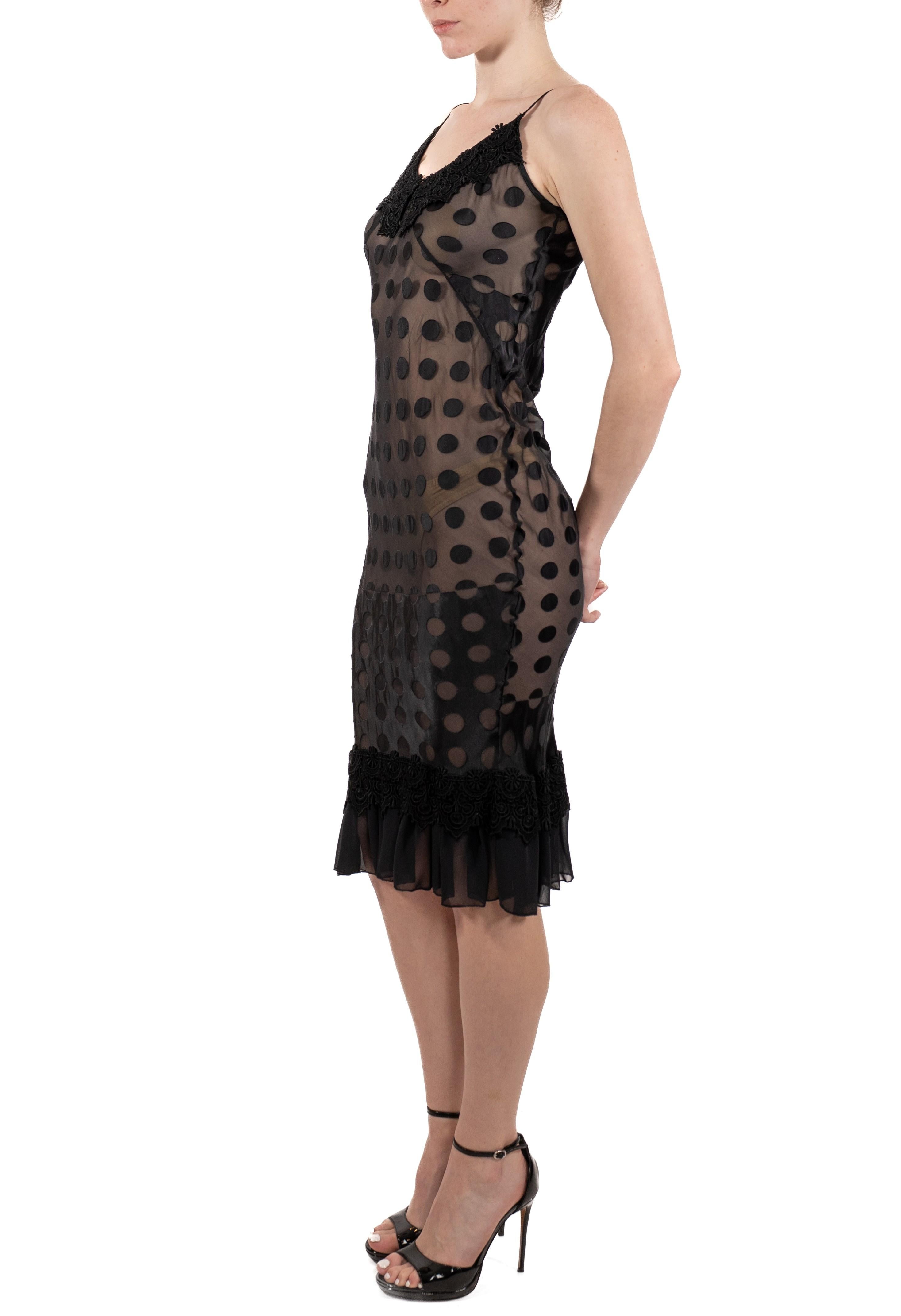 Women's 1990S Black Polka Dot Rayon Blend Burnout Chiffon Slip Dress With Lace
