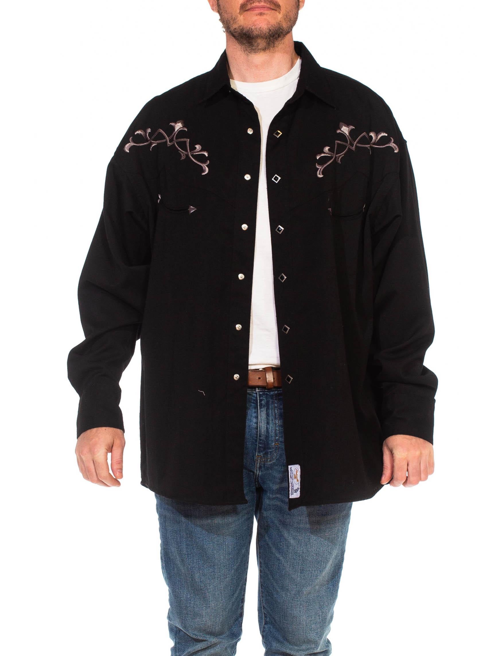 1990S Black Poly/Rayon Embroidered Goth Western Men's Shirt For Sale 1