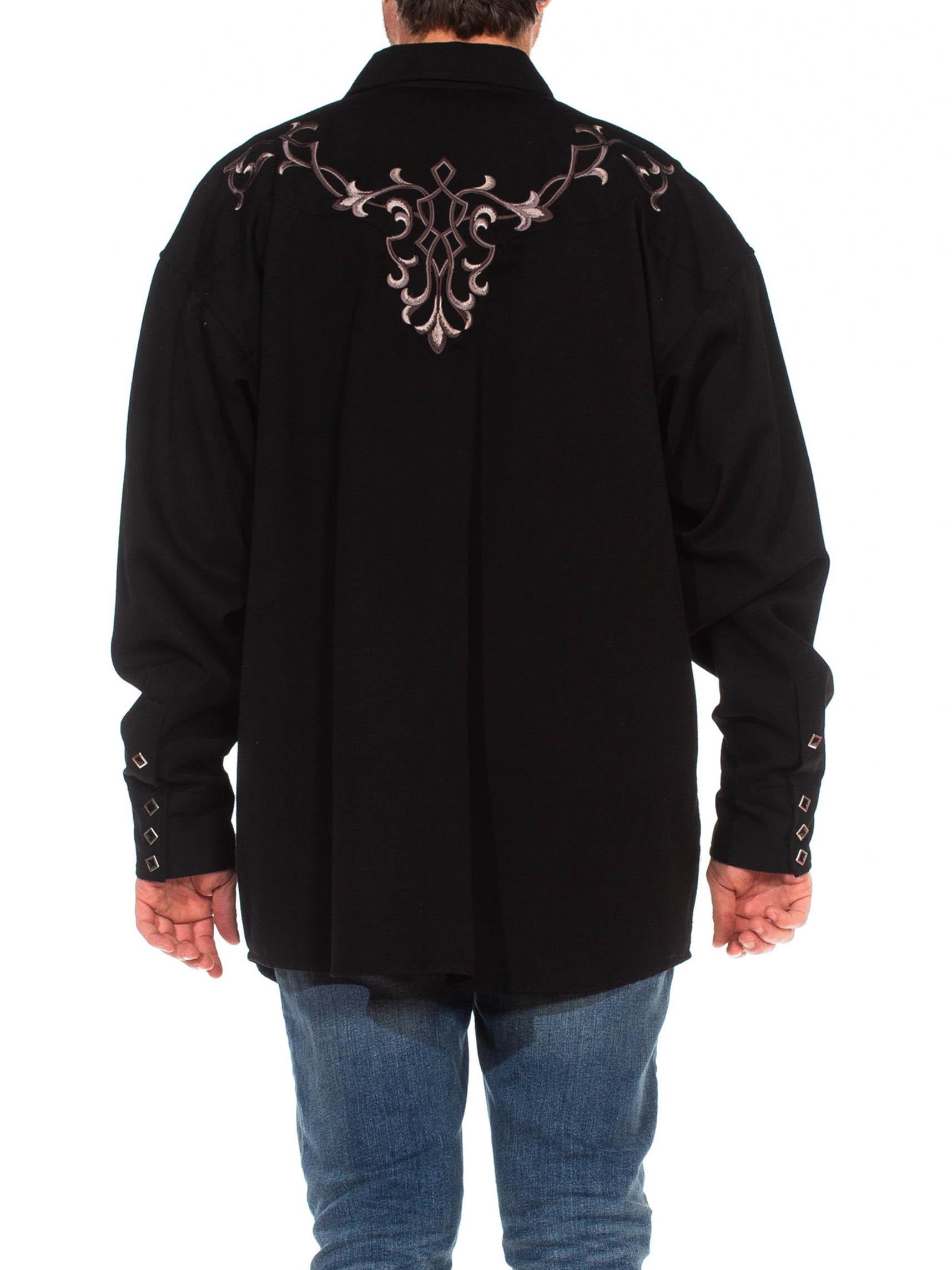 1990S Black Poly/Rayon Embroidered Goth Western Men's Shirt For Sale 2