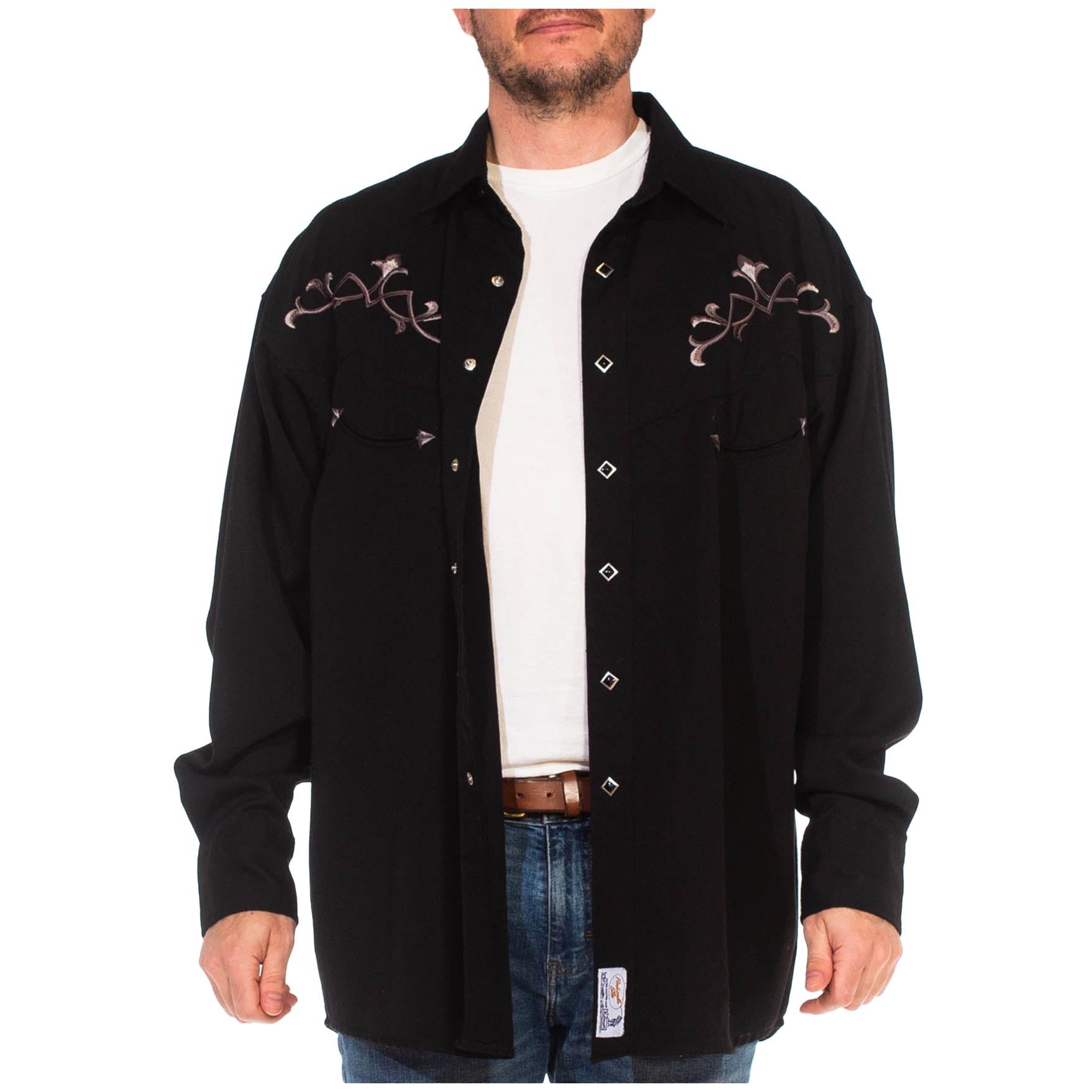 1990S Black Poly/Rayon Embroidered Goth Western Men's Shirt For Sale