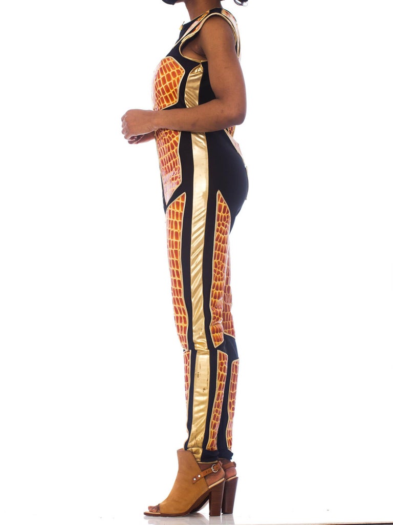1990S Black Polyester Spandex Jumpsuit With Embossed Crocodile Skin and
