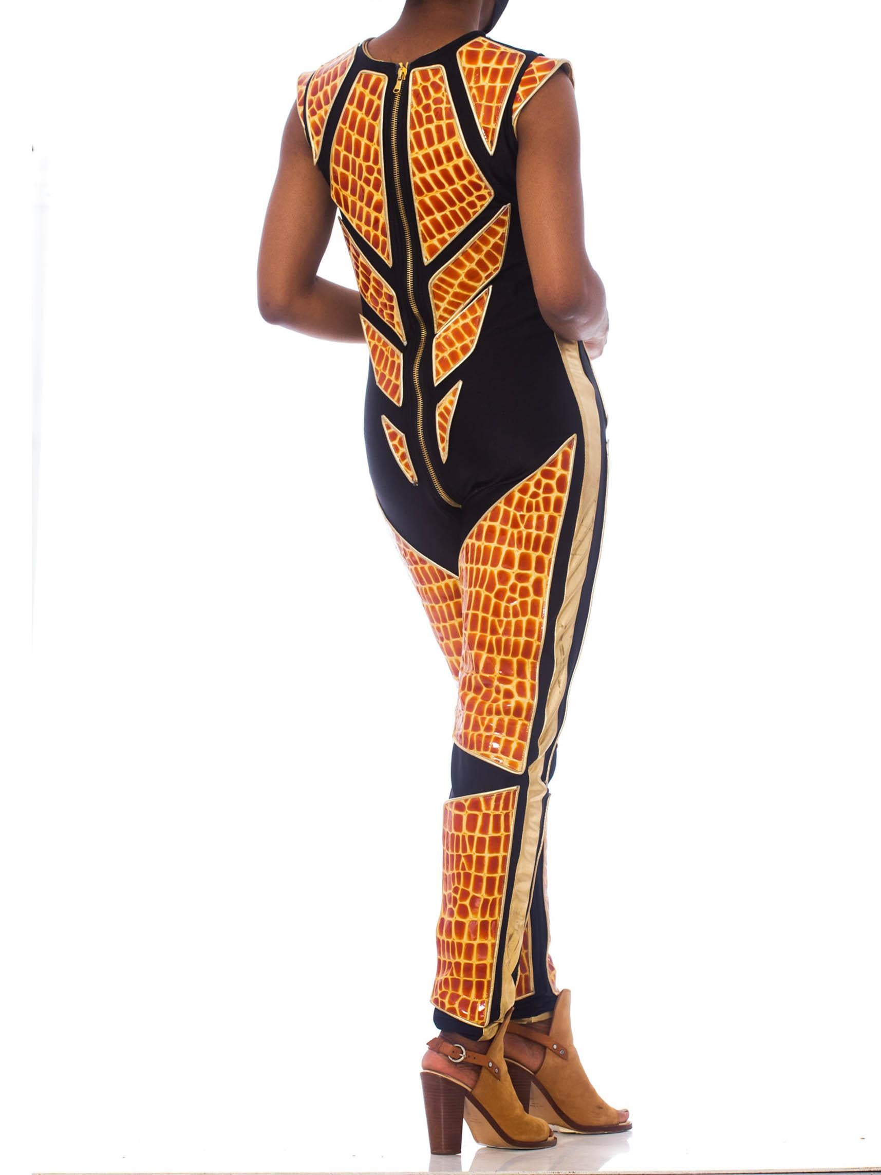 Brown 1990S Black Polyester Spandex Jumpsuit With Embossed Crocodile Skin & Gold Leat For Sale
