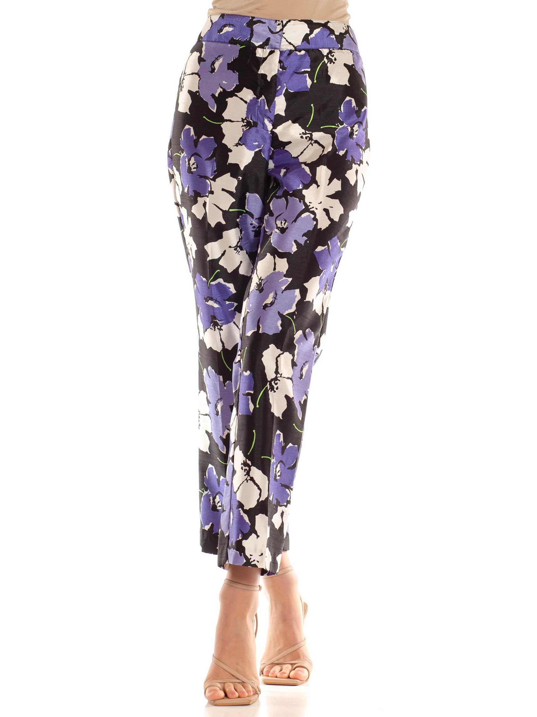 1990S Black & Purple Polyester Pop Art Floral Print Pants In Excellent Condition For Sale In New York, NY