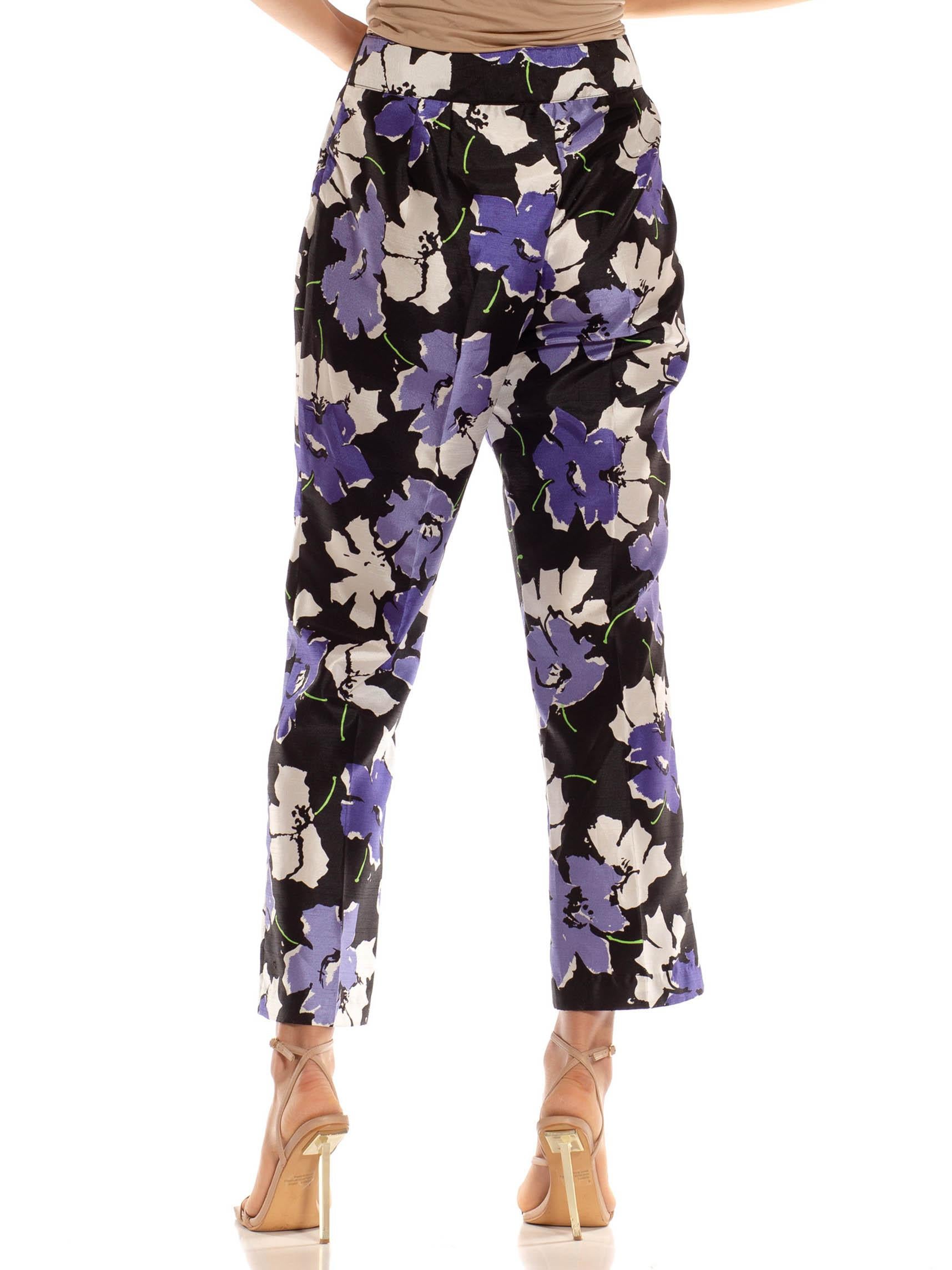 Women's 1990S Black & Purple Polyester Pop Art Floral Print Pants For Sale