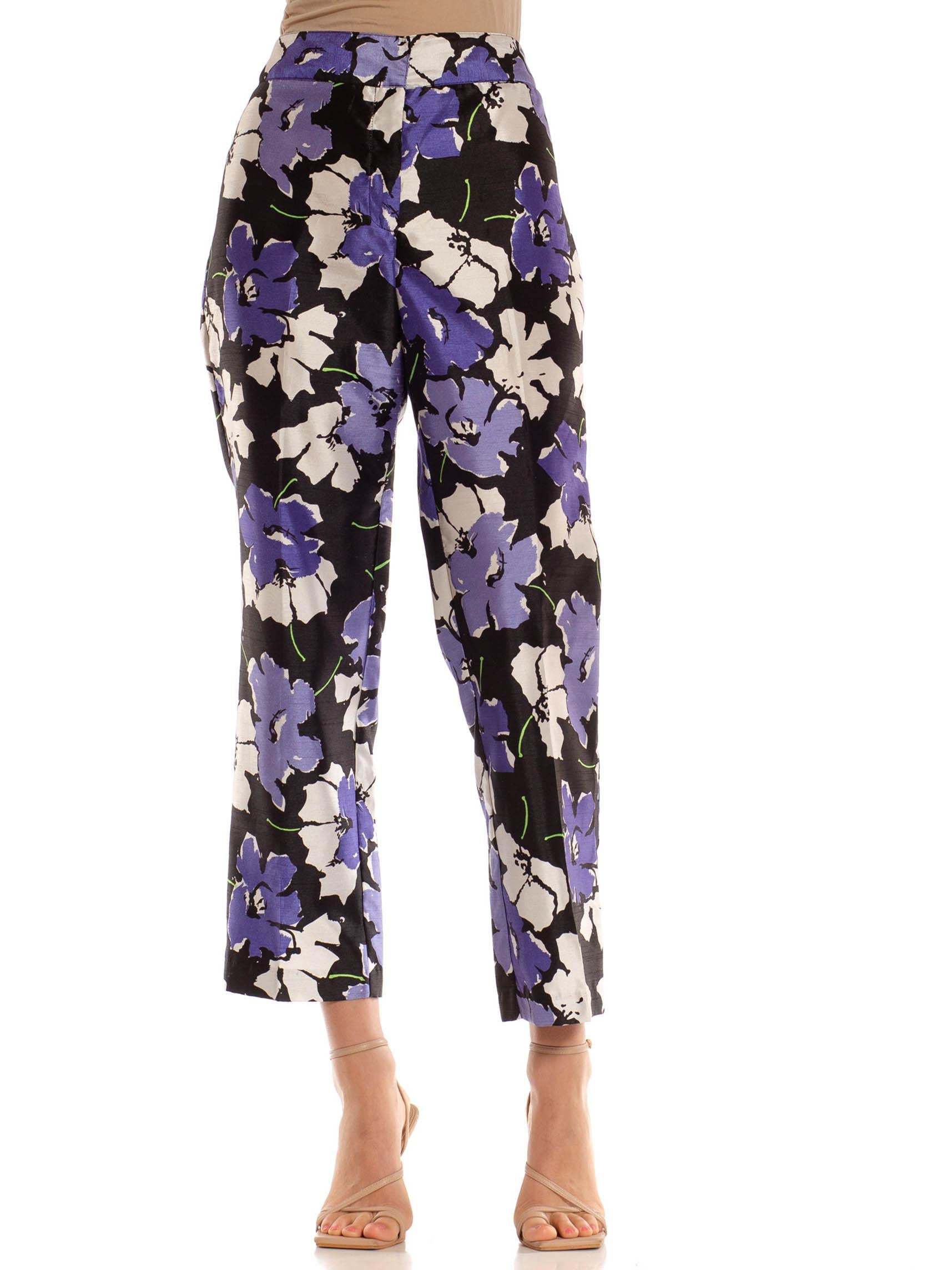 1990S Black & Purple Polyester Pop Art Floral Print Pants For Sale 1