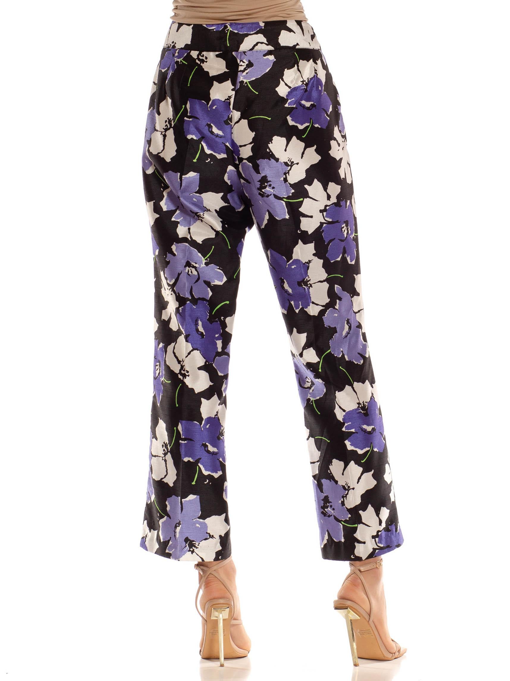 1990S Black & Purple Polyester Pop Art Floral Print Pants For Sale 2