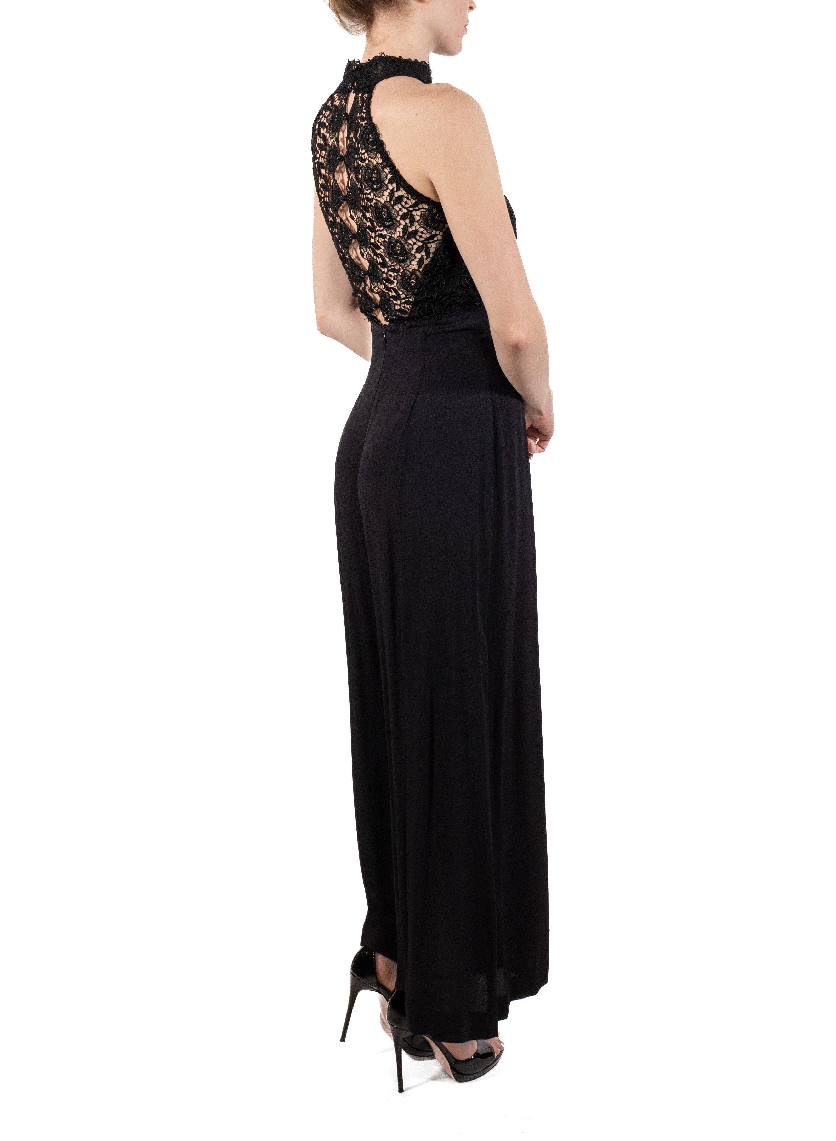 1990S Schwarzer Viskose- und Spitzen-Overall im Angebot 3