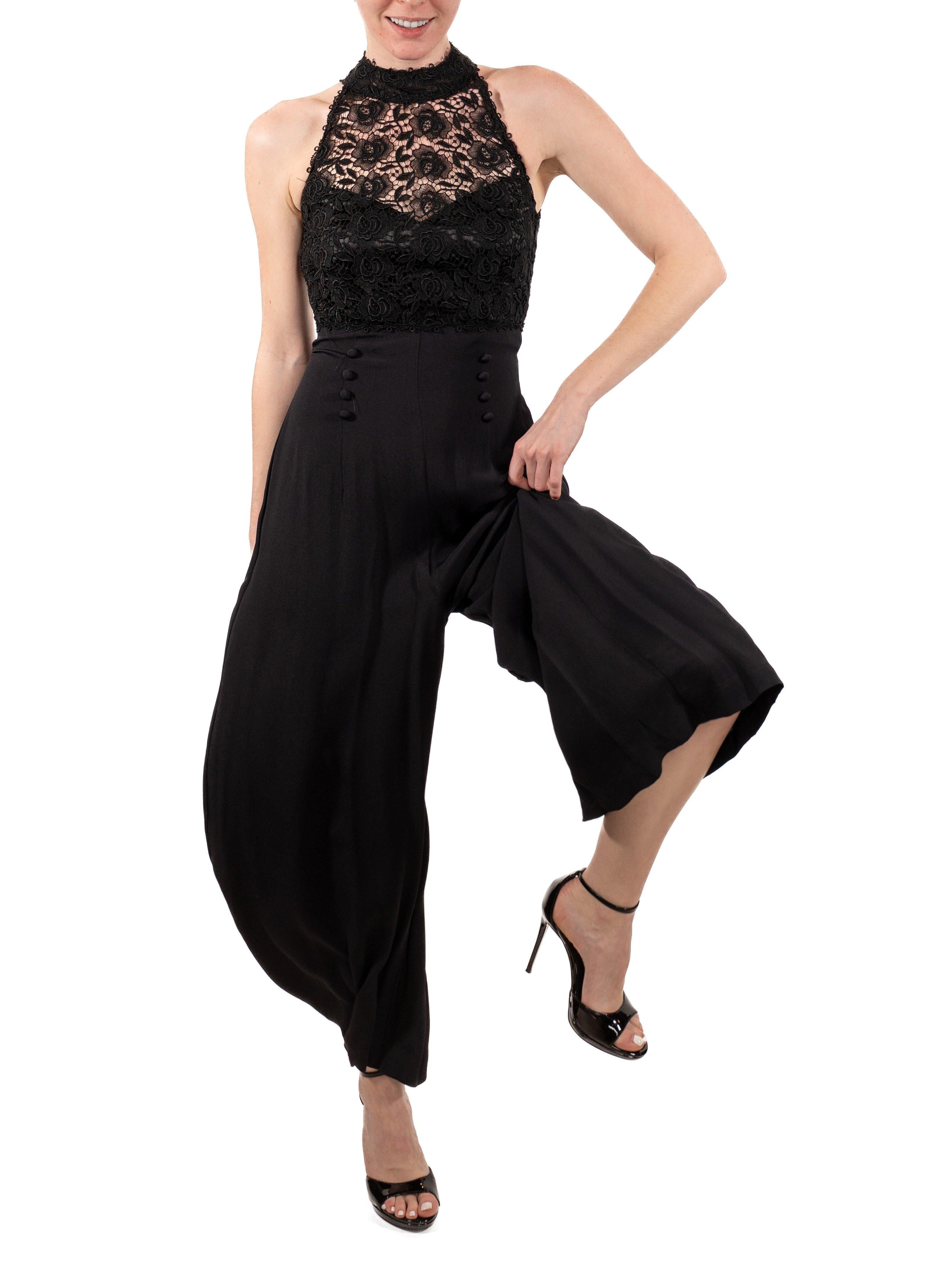 1990S Schwarzer Viskose- und Spitzen-Overall im Angebot 5